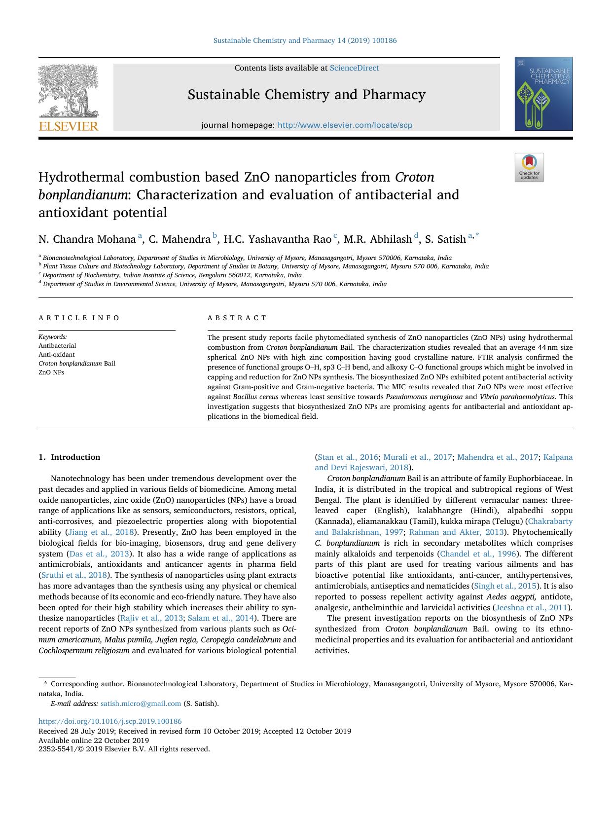 Hydrothermal combustion based ZnO nanoparticles from Croton bonplandianum : Characterization and evaluation of antibacterial and antioxidant potential by N. Chandra Mohana & C. Mahendra & H.C. Yashavantha Rao & M.R. Abhilash & S. Satish