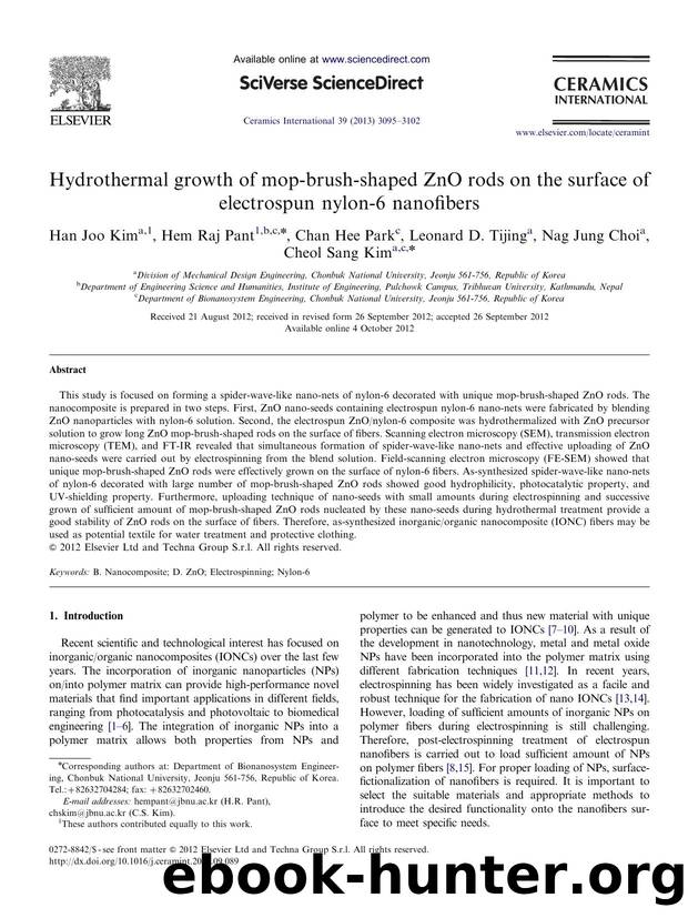 Hydrothermal growth of mop-brush-shaped ZnO rods on the surface of electrospun nylon-6 nanofibers by Han Joo Kim & Hem Raj Pant & Chan Hee Park & Leonard D. Tijing & Nag Jung Choi & Cheol Sang Kim