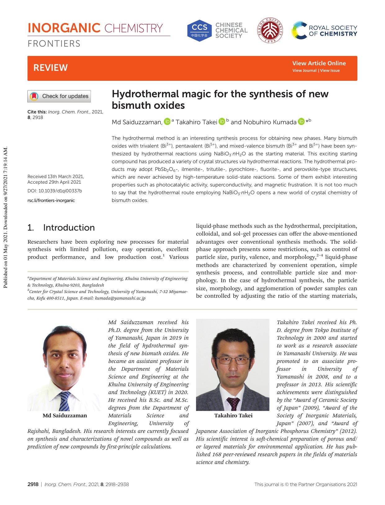 Hydrothermal magic for the synthesis of new bismuth oxides by Md Saiduzzaman Takahiro Takei Nobuhiro Kumada