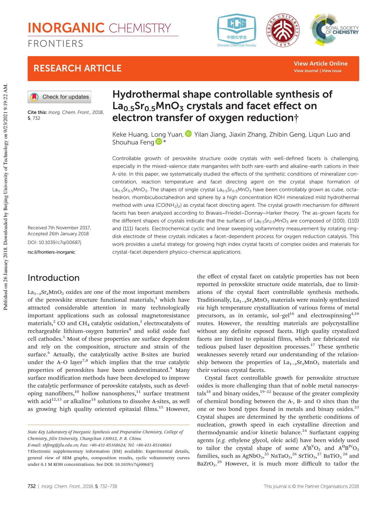 Hydrothermal shape controllable synthesis of La0.5Sr0.5MnO3 crystals and facet effect on electron transfer of oxygen reduction by Keke Huang Long Yuan Yilan Jiang Jiaxin Zhang Zhibin Geng Liqun Luo Shouhua Feng