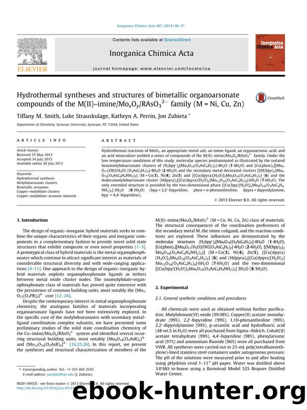 Hydrothermal syntheses and structures of bimetallic organoarsonate compounds of the M(II)Ã¢â¬âimineMoxOyRAsO32Ã¢Ëâ family (M=Ni, Cu, Zn) by Tiffany M. Smith & Luke Strauskulage & Kathryn A. Perrin & Jon Zubieta