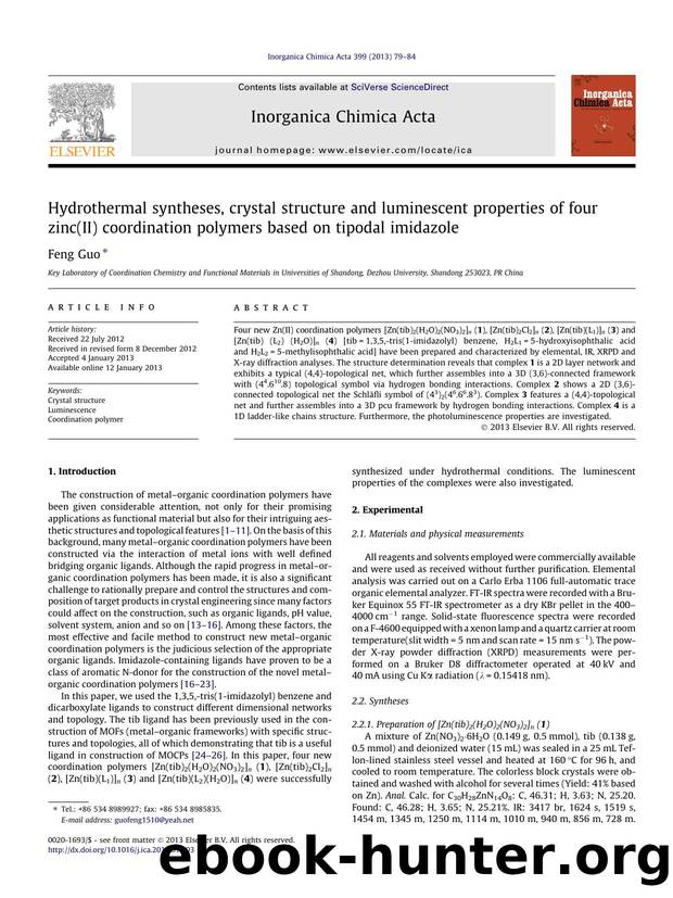 Hydrothermal syntheses, crystal structure and luminescent properties of four zinc(II) coordination polymers based on tipodal imidazole by Feng Guo