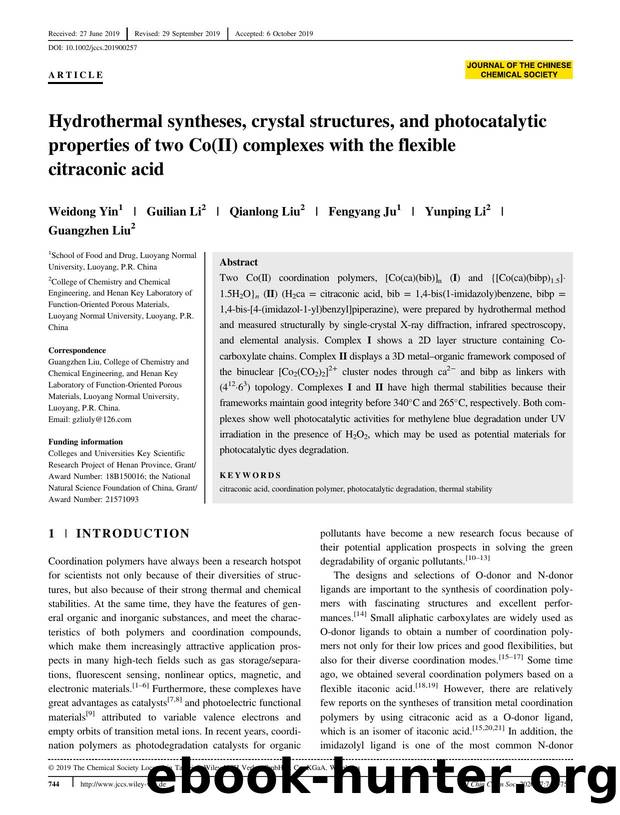 Hydrothermal syntheses, crystal structures and photocatalytic properties of two Co(II) complexes with the flexible citraconic acid by Unknown