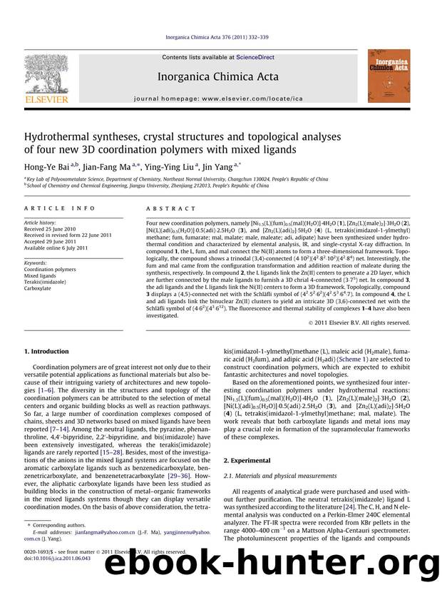 Hydrothermal syntheses, crystal structures and topological analyses of four new 3D coordination polymers with mixed ligands by Hong-Ye Bai & Jian-Fang Ma & Ying-Ying Liu & Jin Yang