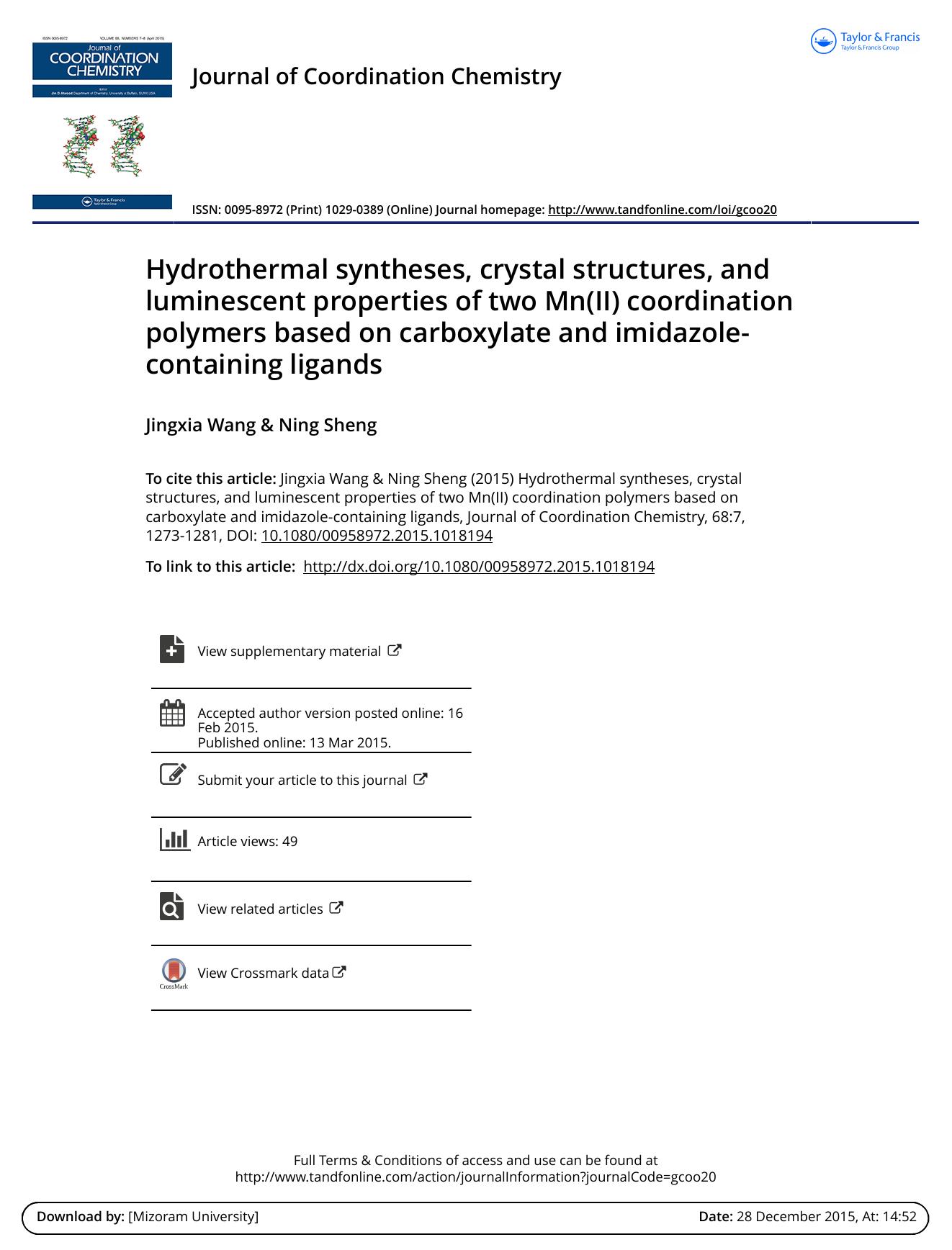 Hydrothermal syntheses, crystal structures, and luminescent properties of two Mn(II) coordination polymers based on carboxylate and imidazole-containing ligands by Jingxia Wang