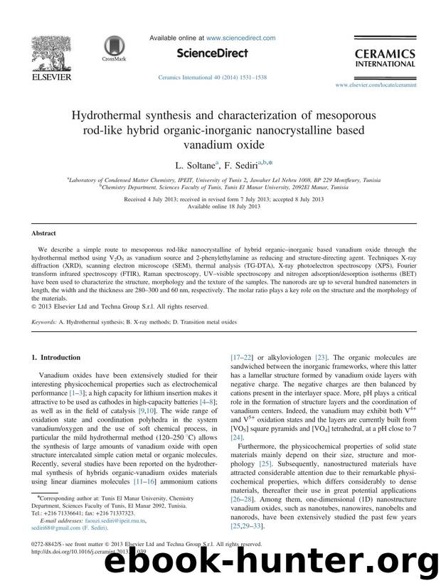 Hydrothermal synthesis and characterization of mesoporous rod-like hybrid organic-inorganic nanocrystalline based vanadium oxide by L. Soltane & F. Sediri