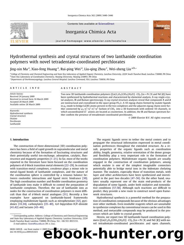 Hydrothermal synthesis and crystal structures of two lanthanide coordination polymers with novel tetradentate-coordinated perchlorates by Jing-xin Ma; Xiao-feng Huang; Rui-ping Wei; Liu-qing Zhou; Wei-sheng Liu
