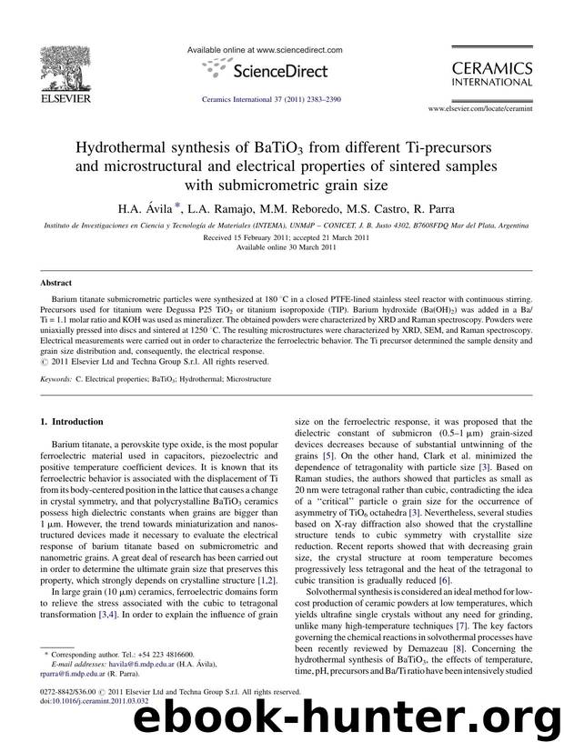 Hydrothermal synthesis of BaTiO3 from different Ti-precursors and microstructural and electrical properties of sintered samples with submicrometric grain size by H.A. Ã•vila
