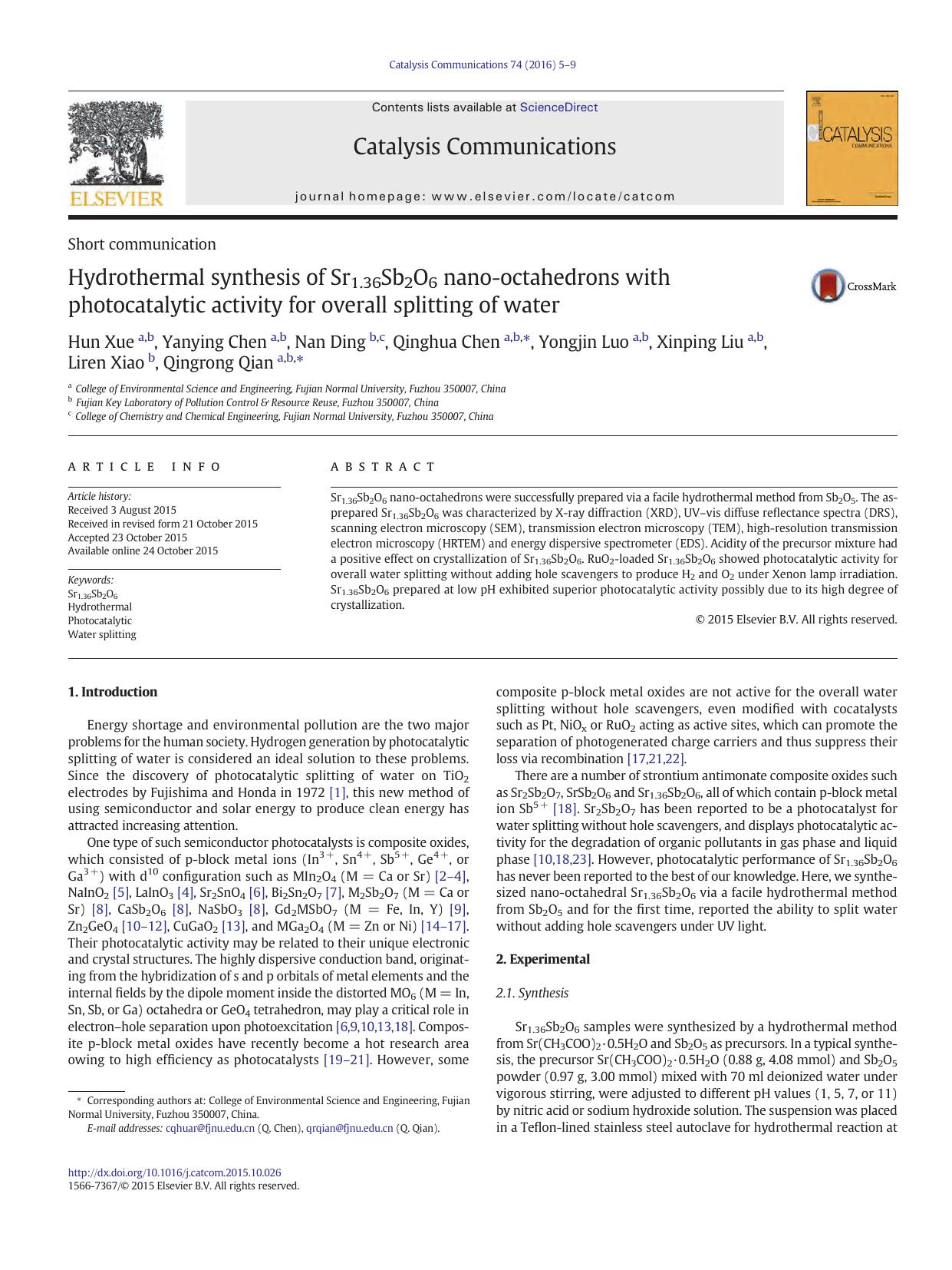 Hydrothermal synthesis of Sr1.36Sb2O6 nano-octahedrons with photocatalytic activity for overall splitting of water by unknow