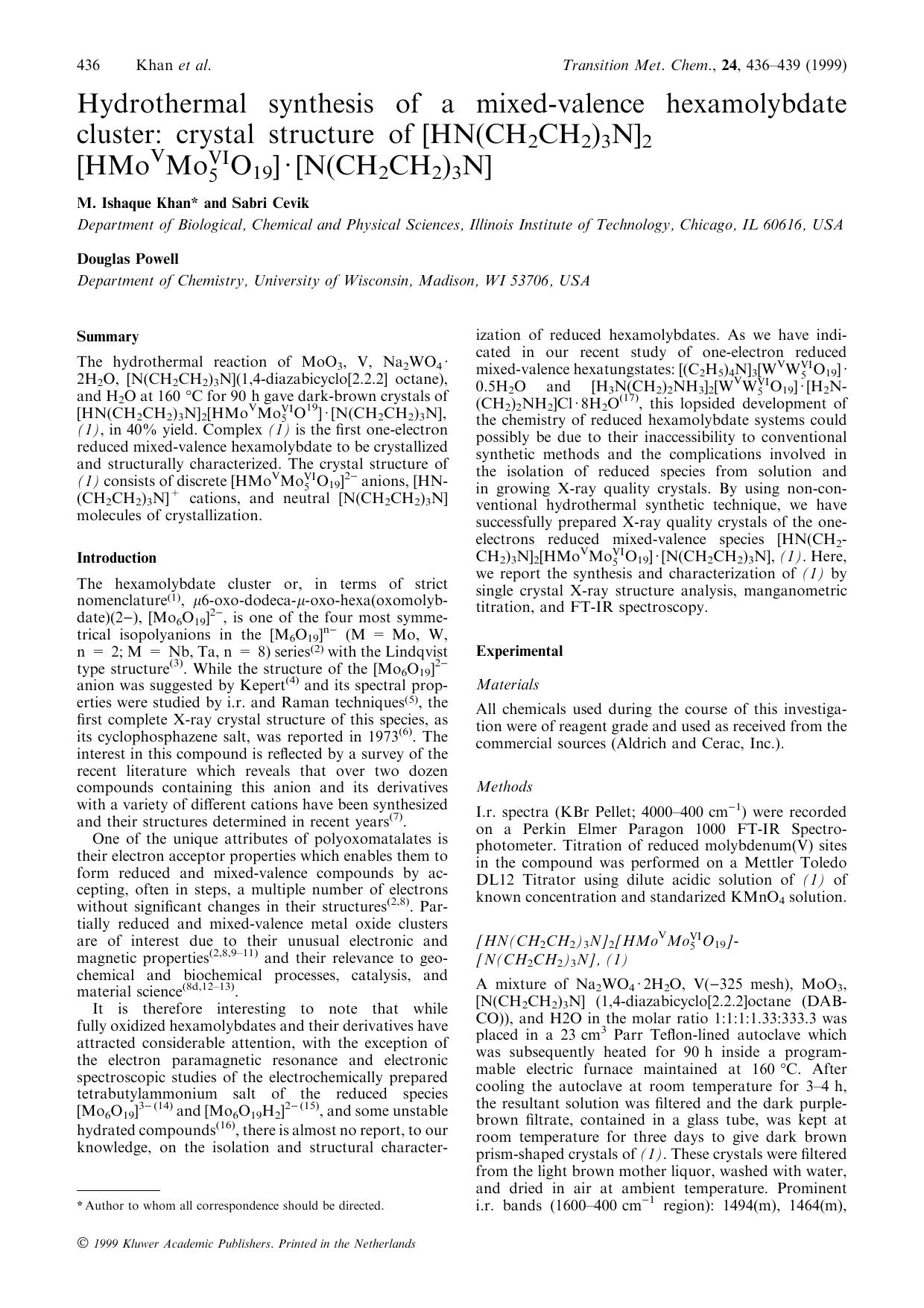 Hydrothermal synthesis of a mixed-valence hexamolybdate cluster: crystal structure of [HN(CH2CH2)3N]2[HMoVMoVI5O19]·[N(CH2CH2)3N] by Unknown