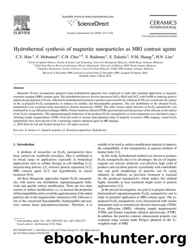 Hydrothermal synthesis of magnetite nanoparticles as MRI contrast agents by C.Y. Haw; F. Mohamed; C.H. Chia; S. Radiman; S. Zakaria; N.M. Huang; H.N. Lim