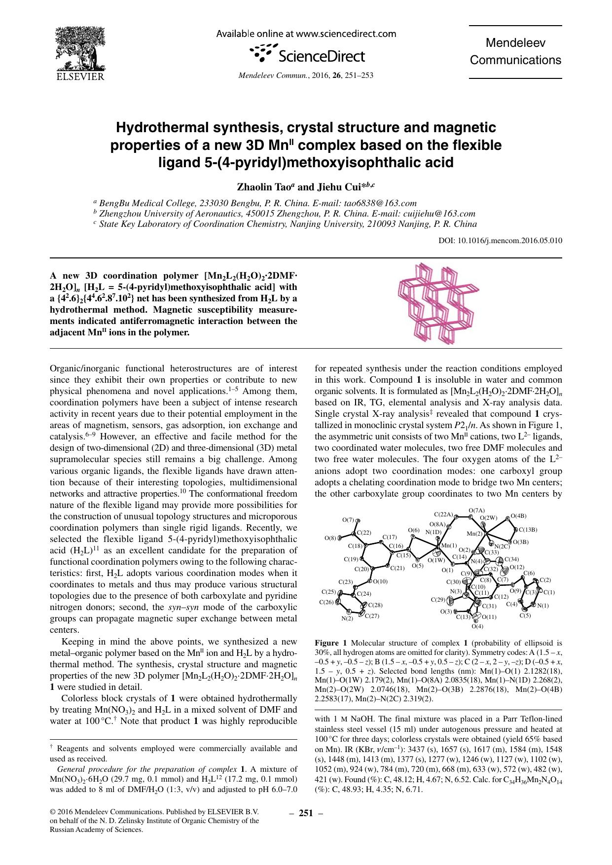 Hydrothermal synthesis, crystal structure and magnetic properties of a new 3D MnII complex based on the flexible ligand 5-(4-pyridyl)methoxyisophthalic acid by IMAC-6 & Jiehu Cui