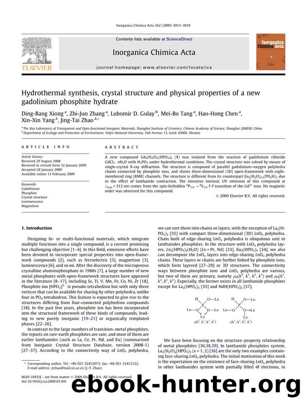 Hydrothermal synthesis, crystal structure and physical properties of a new gadolinium phosphite hydrate by unknow