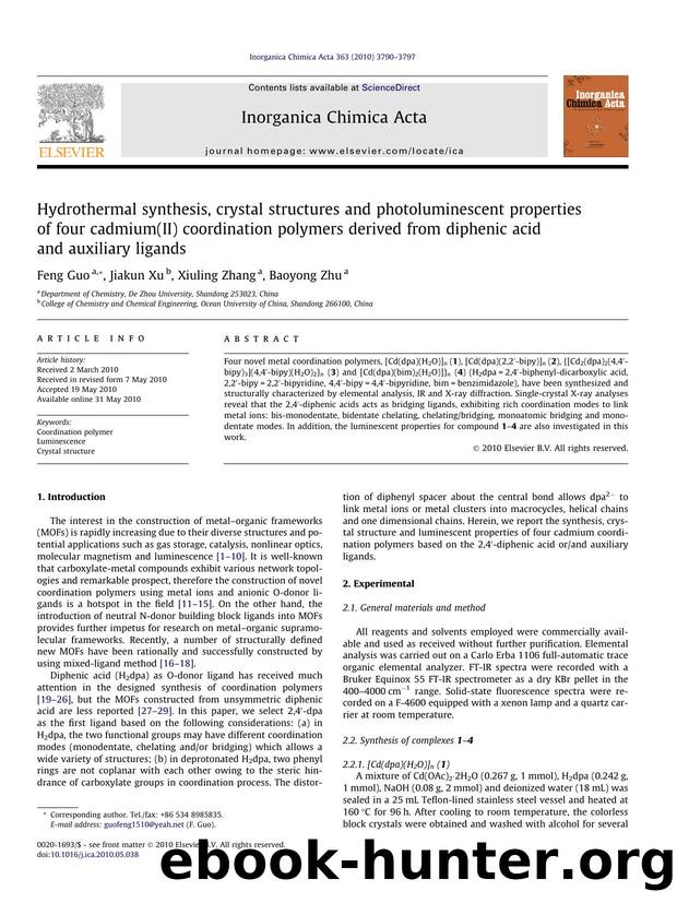 Hydrothermal synthesis, crystal structures and photoluminescent properties of four cadmium(II) coordination polymers derived from diphenic acid and auxiliary ligands by Feng Guo & Jiakun Xu & Xiuling Zhang & Baoyong Zhu
