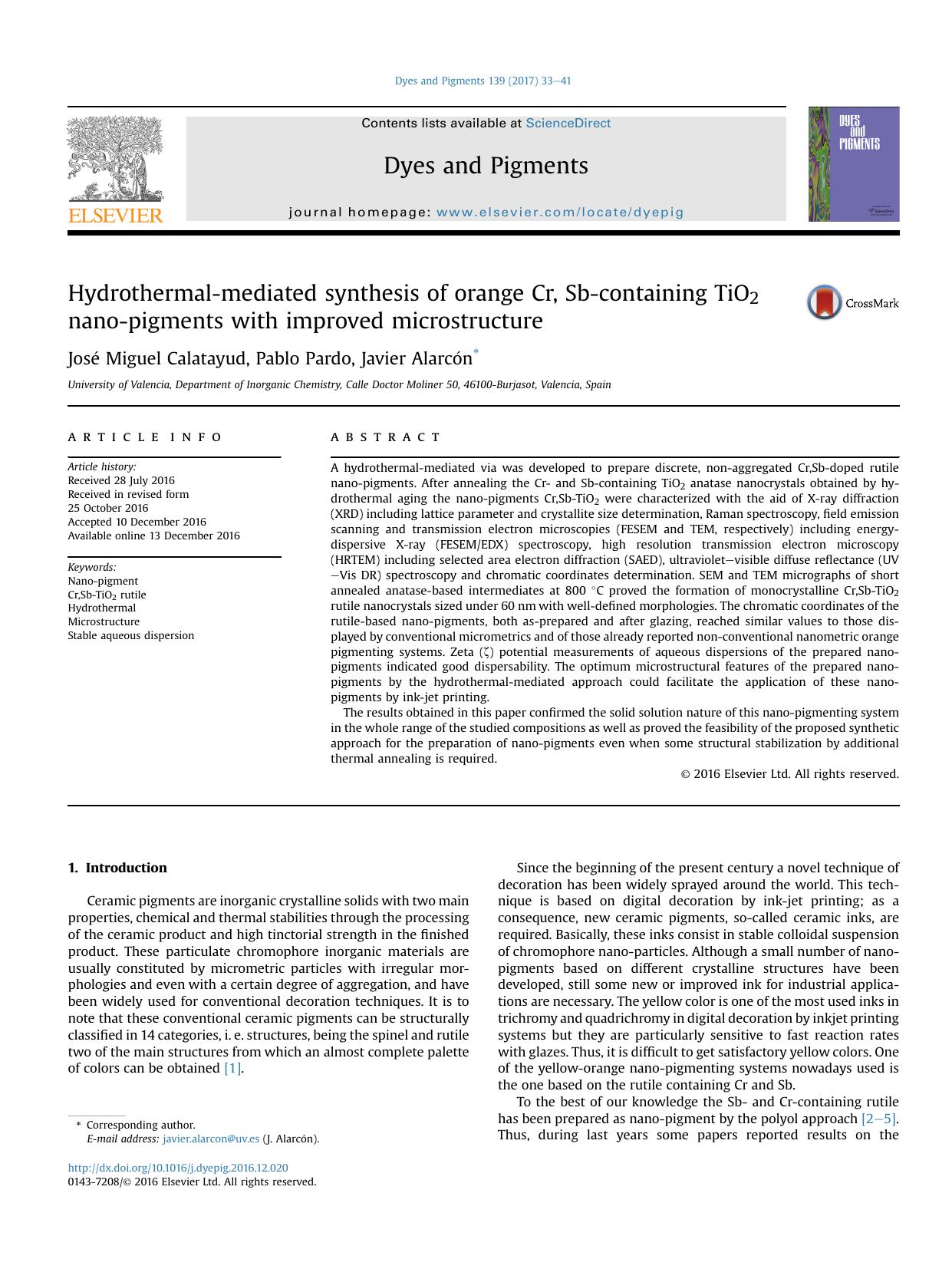 Hydrothermal-mediated synthesis of orange Cr, Sb-containing TiO2 nano-pigments with improved microstructure by José Miguel Calatayud & Pablo Pardo & Javier Alarcón