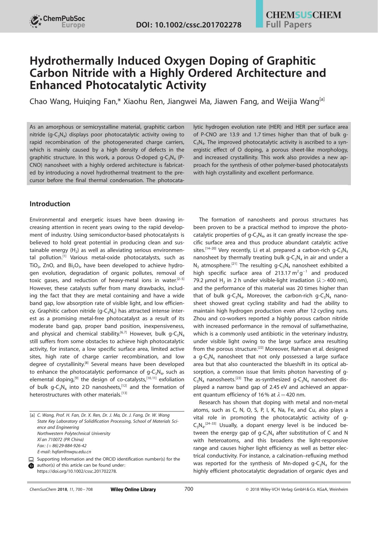 Hydrothermally Induced Oxygen Doping of Graphitic Carbon Nitride with a Highly Ordered Architecture and Enhanced Photocatalytic Activity by Unknown