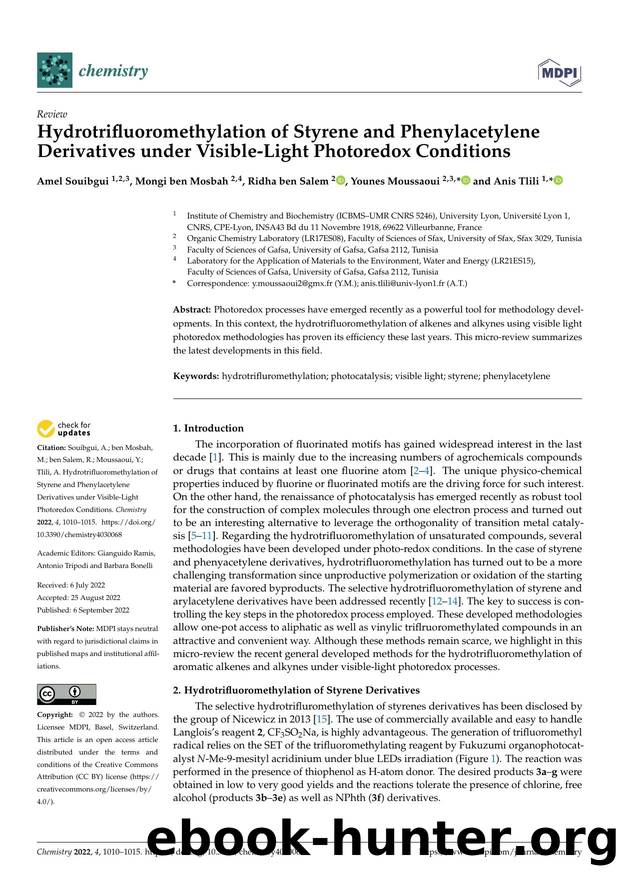 Hydrotrifluoromethylation of Styrene and Phenylacetylene Derivatives under Visible-Light Photoredox Conditions by Amel Souibgui Mongi ben Mosbah Ridha ben Salem Younes Moussaoui & Anis Tlili