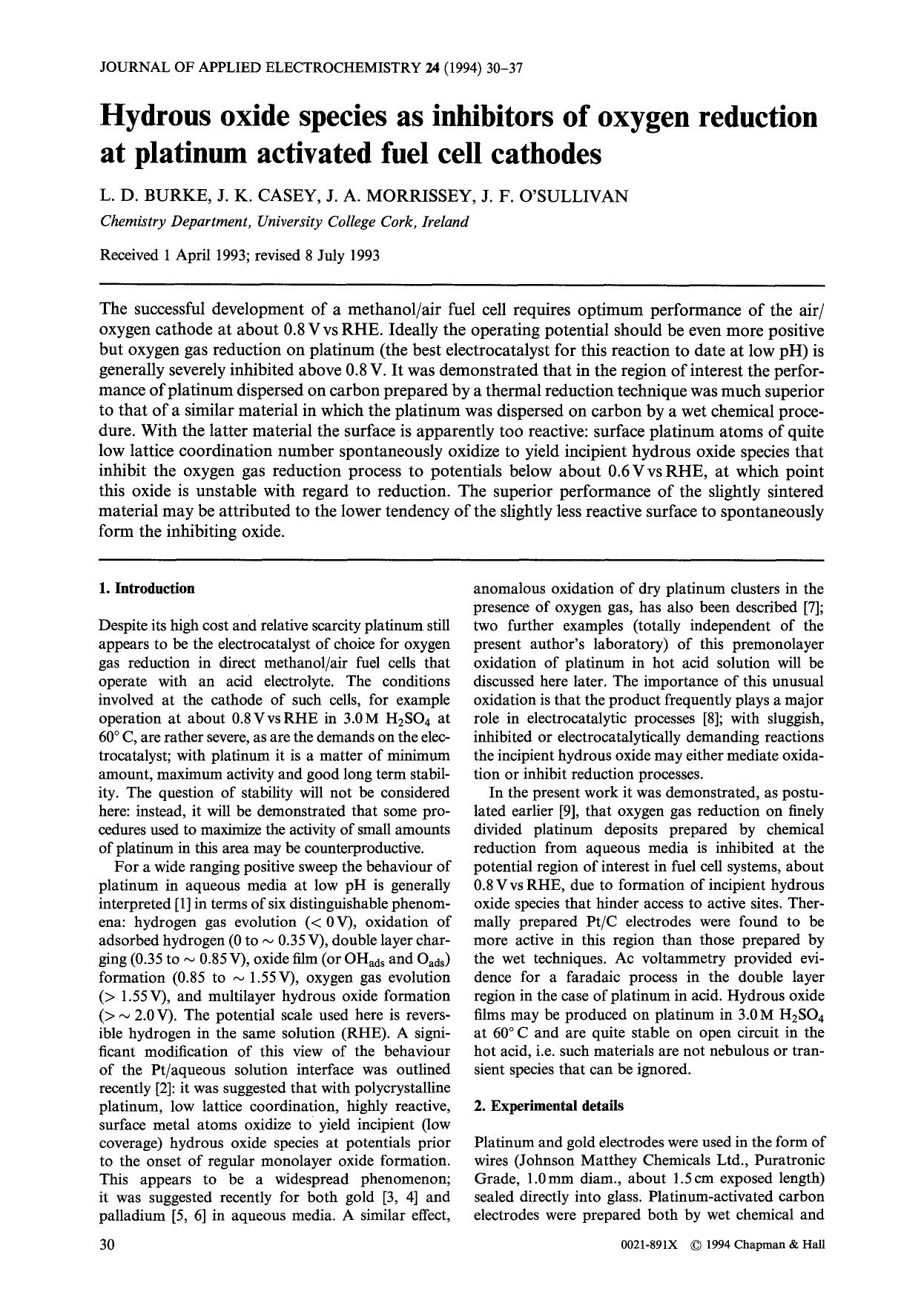 Hydrous oxide species as inhibitors of oxygen reduction at platinum activated fuel cell cathodes by Unknown