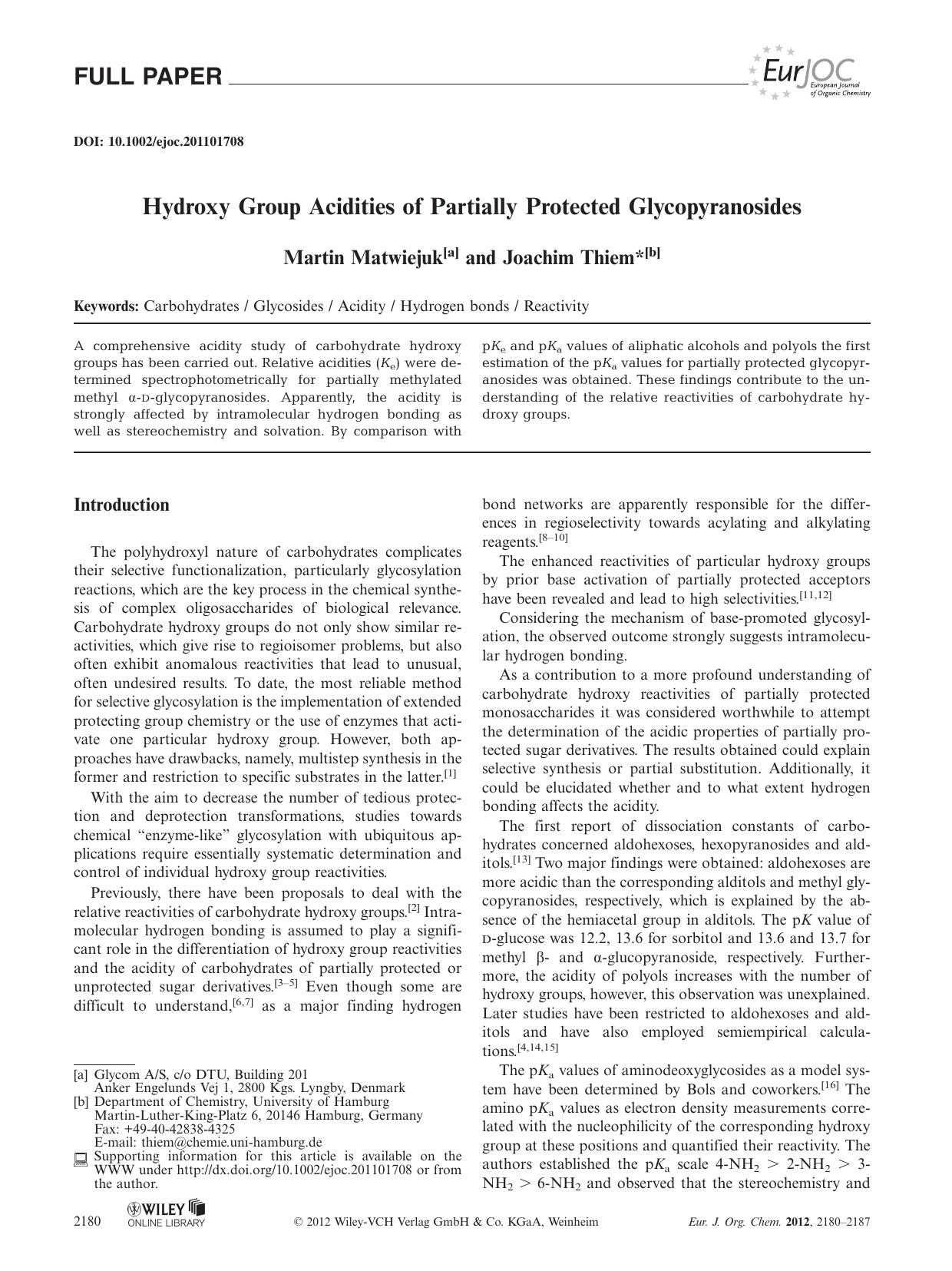 Hydroxy Group Acidities of Partially Protected Glycopyranosides by Unknown