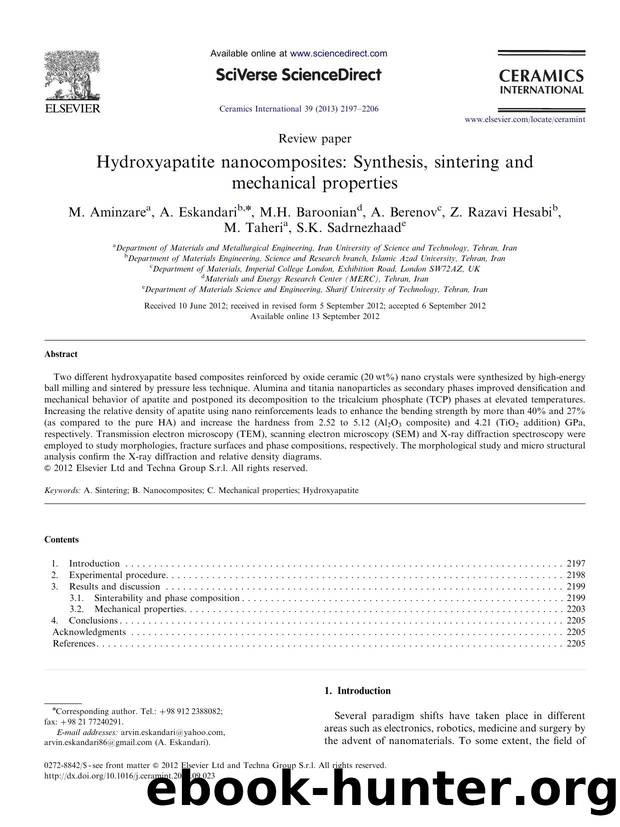 Hydroxyapatite nanocomposites Synthesis, sintering and mechanical properties by unknow