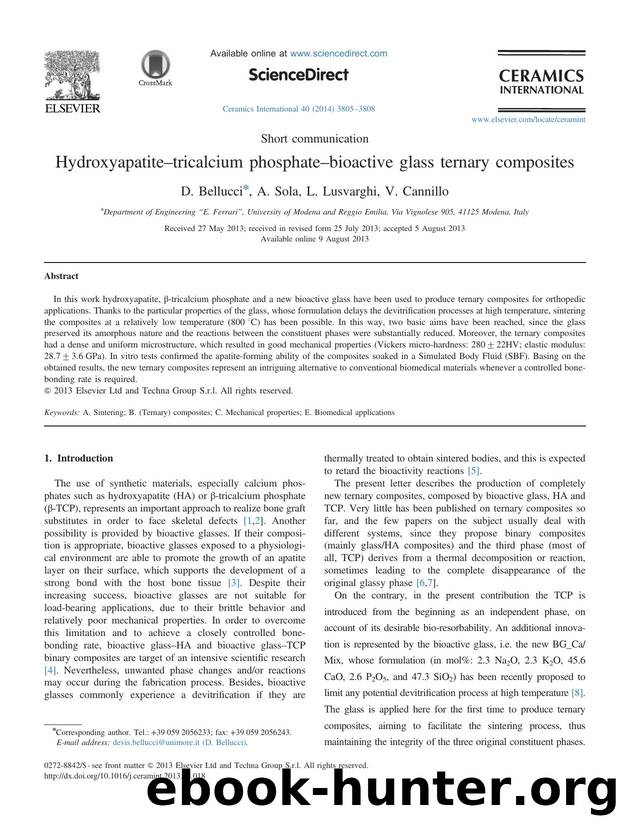 Hydroxyapatiteâtricalcium phosphateâbioactive glass ternary composites by D. Bellucci & A. Sola & L. Lusvarghi & V. Cannillo