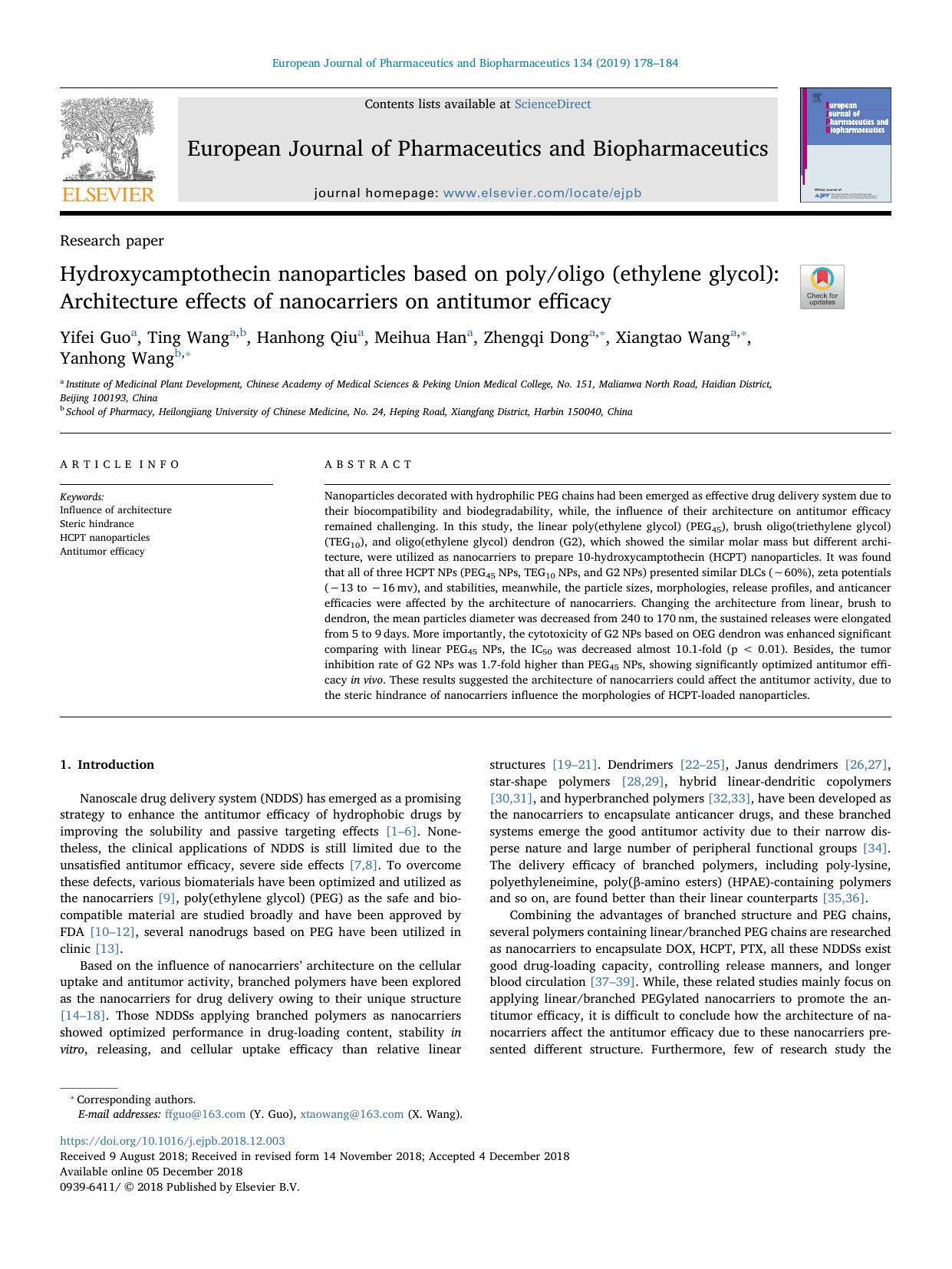 Hydroxycamptothecin nanoparticles based on polyoligo (ethylene glycol)_ Architecture effects of nanocarriers on antitumor efficacy by Yifei Guo & Ting Wang & Hanhong Qiu & Meihua Han & Zhengqi Dong & Xiangtao Wang & Yanhong Wang