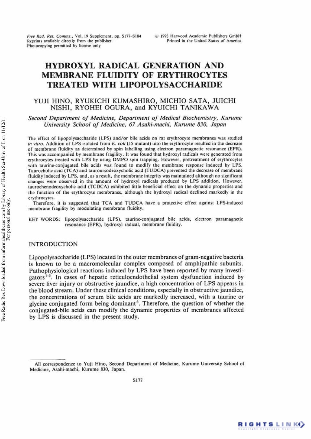 Hydroxyl Radical Generation and Membrane Fluidity of Erythrocytes Treated with Lipopolysaccharide by Yuji Hino1 Ryukichi Kumashiro1 Michio Sata1 Juichi Nishi1 Ryohei Ogura1 & Kyuichi Tanikawa1
