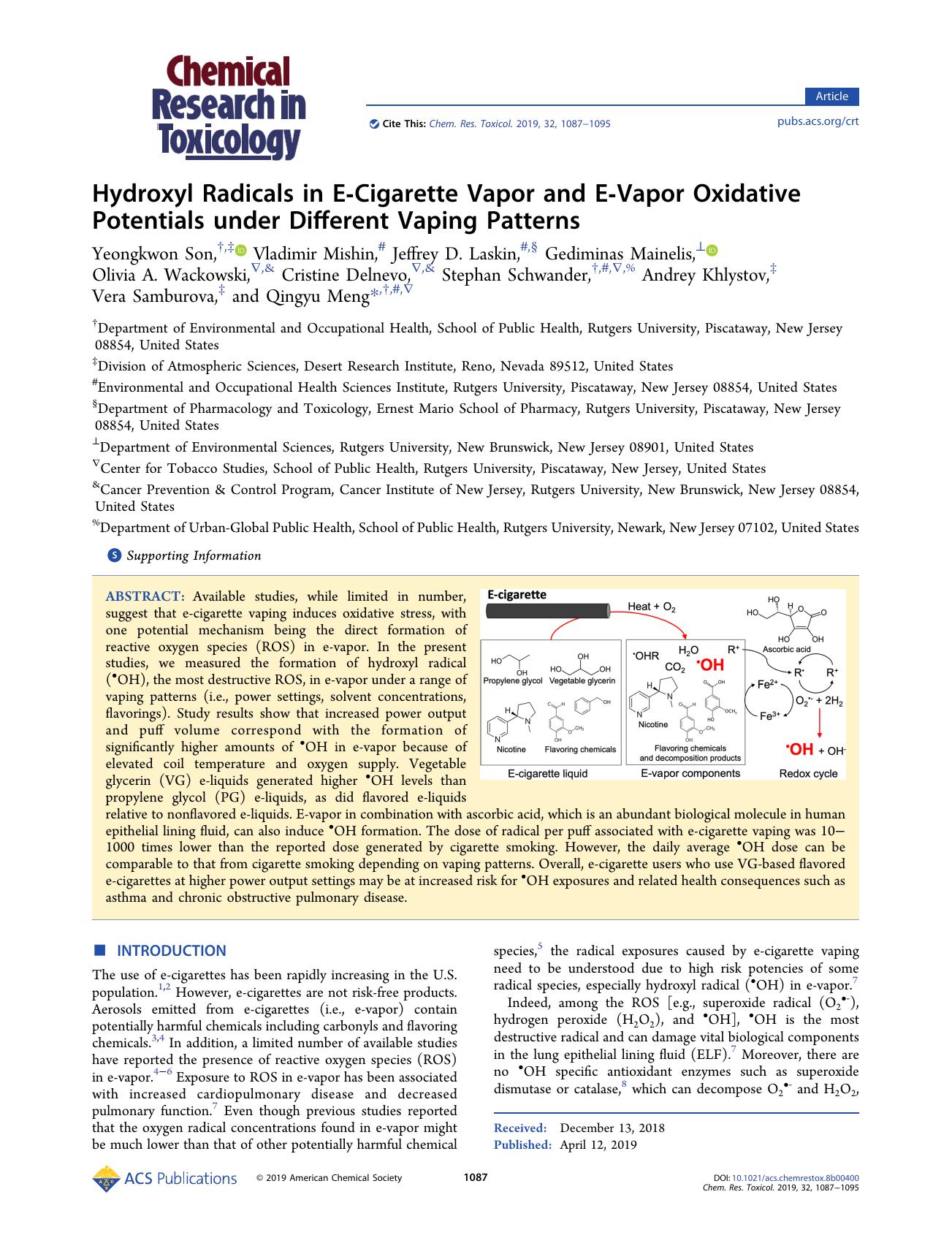 Hydroxyl Radicals in E-Cigarette Vapor and E-Vapor Oxidative Potentials under Different Vaping Patterns by unknow