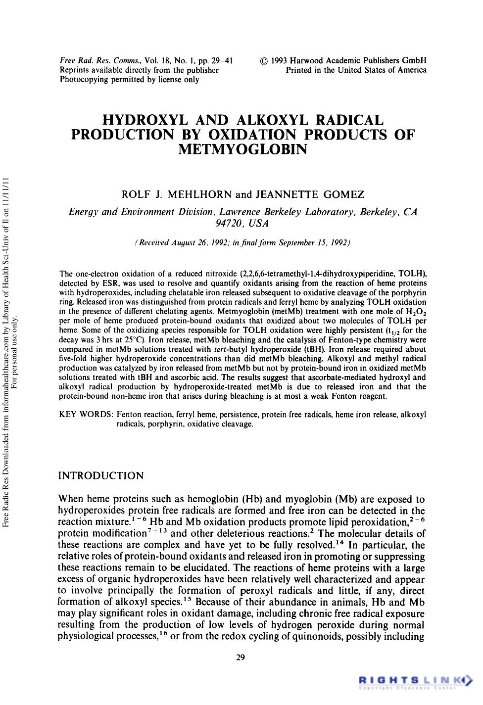 Hydroxyl and Alkoxyl Radical Production By Oxidation Products of Metmyoglobin by Rolf J. Mehlhorn1 & Jeannette Gomez1