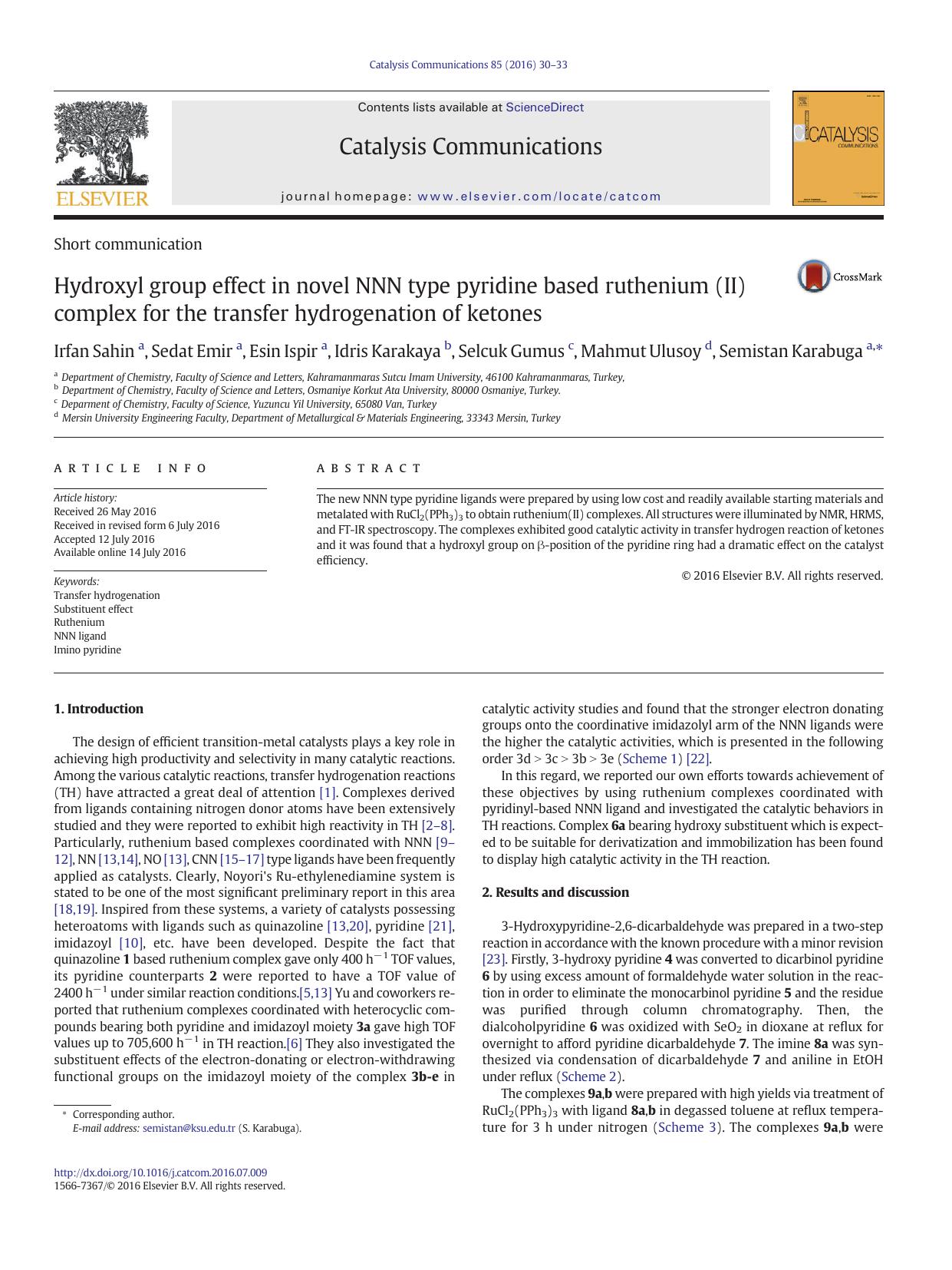 Hydroxyl group effect in novel NNN type pyridine based ruthenium (II) complex for the transfer hydrogenation of ketones by unknow