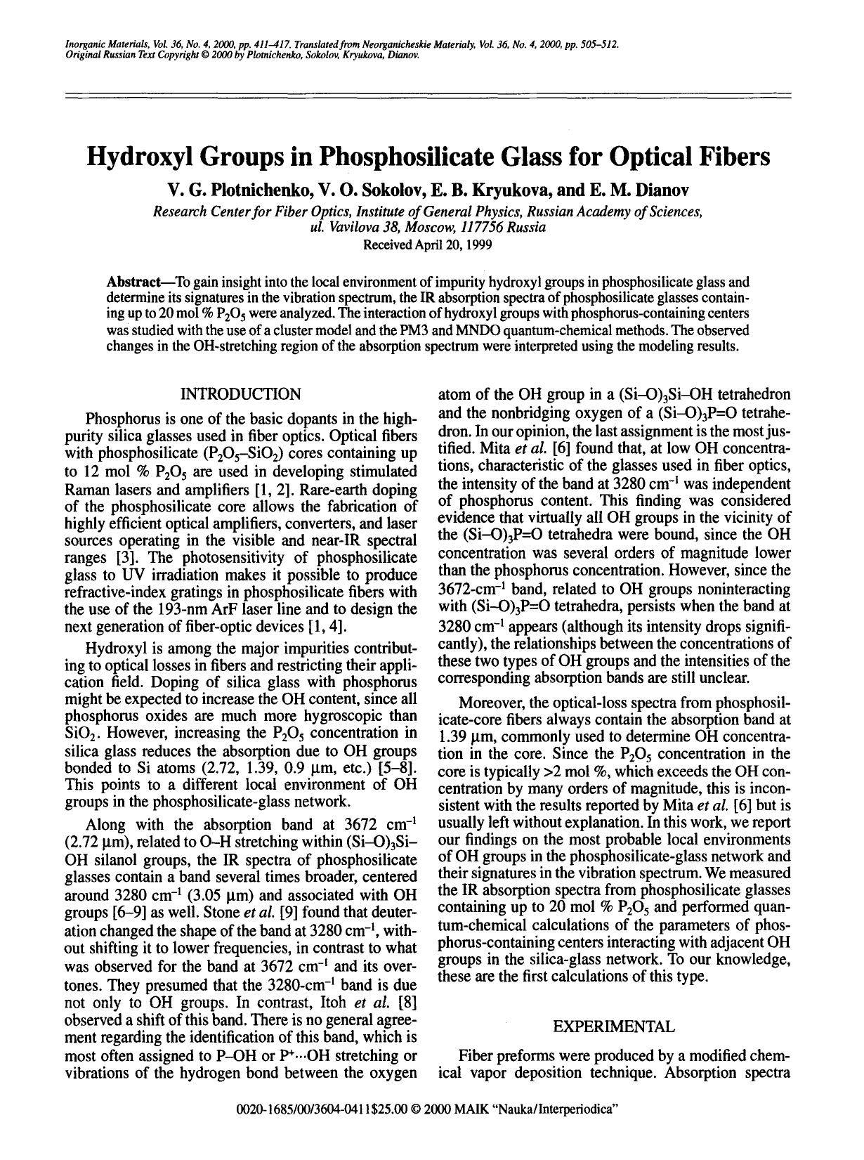 Hydroxyl groups in phosphosilicate glass for optical fibers by Unknown