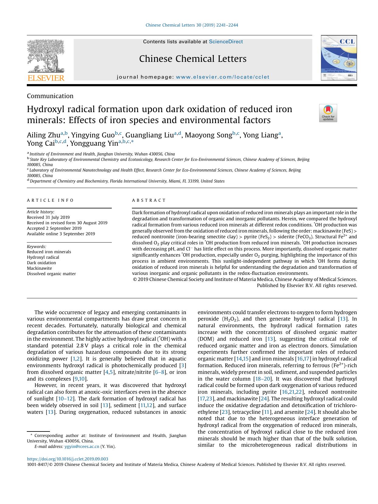 Hydroxyl radical formation upon dark oxidation of reduced iron minerals: Effects of iron species and environmental factors by Ailing Zhu & Yingying Guo & Guangliang Liu & Maoyong Song & Yong Liang & Yong Cai & Yongguang Yin