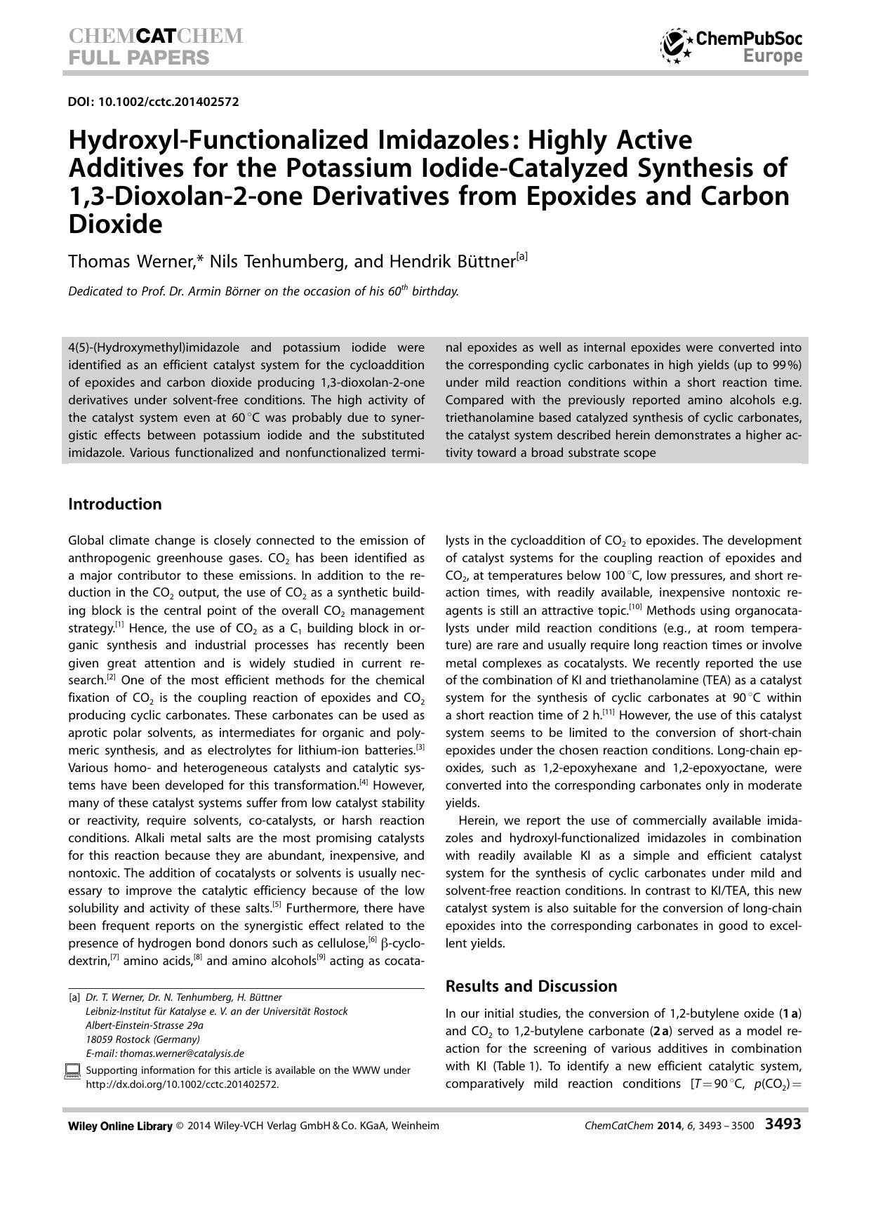 HydroxylFunctionalized Imidazoles: Highly Active Additives for the Potassium IodideCatalyzed Synthesis of 1,3Dioxolan2one Derivatives from Epoxides and Carbon Dioxide by Unknown