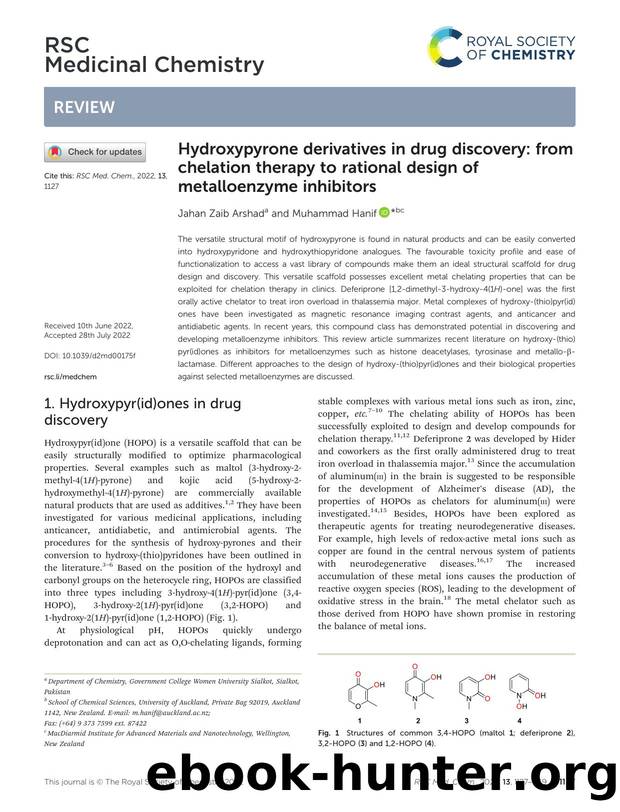 Hydroxypyrone derivatives in drug discovery: from chelation therapy to rational design of metalloenzyme inhibitors by Jahan Zaib Arshad & Muhammad Hanif