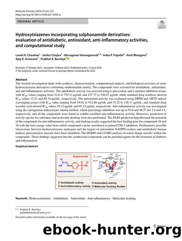 Hydroxytriazenes incorporating sulphonamide derivatives: evaluation of antidiabetic, antioxidant, anti-inflammatory activities, and computational study by unknow