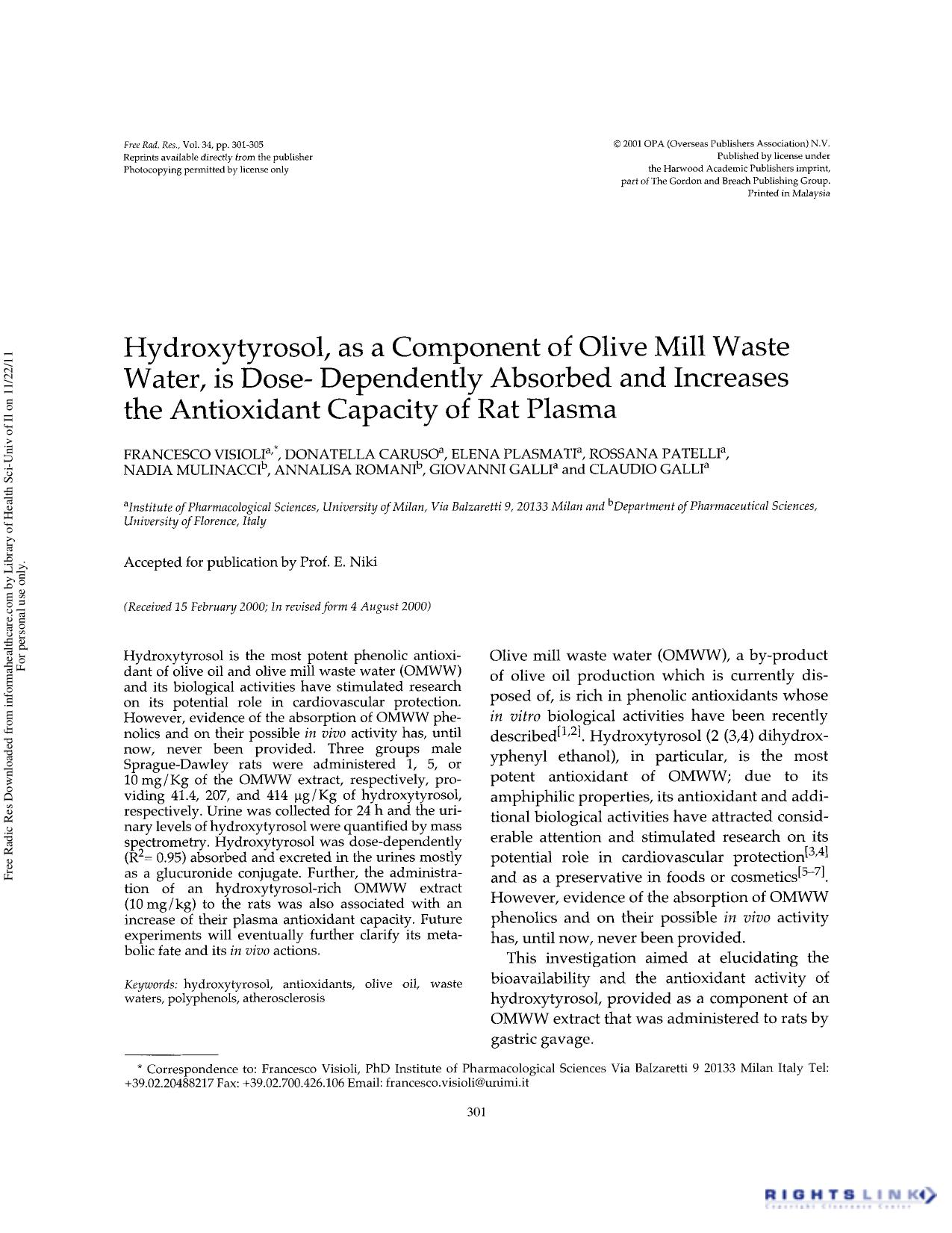 Hydroxytyrosol, as a component of olive mill waste water, is dose- dependently absorbed and increases the antioxidant capacity of rat plasma by unknow