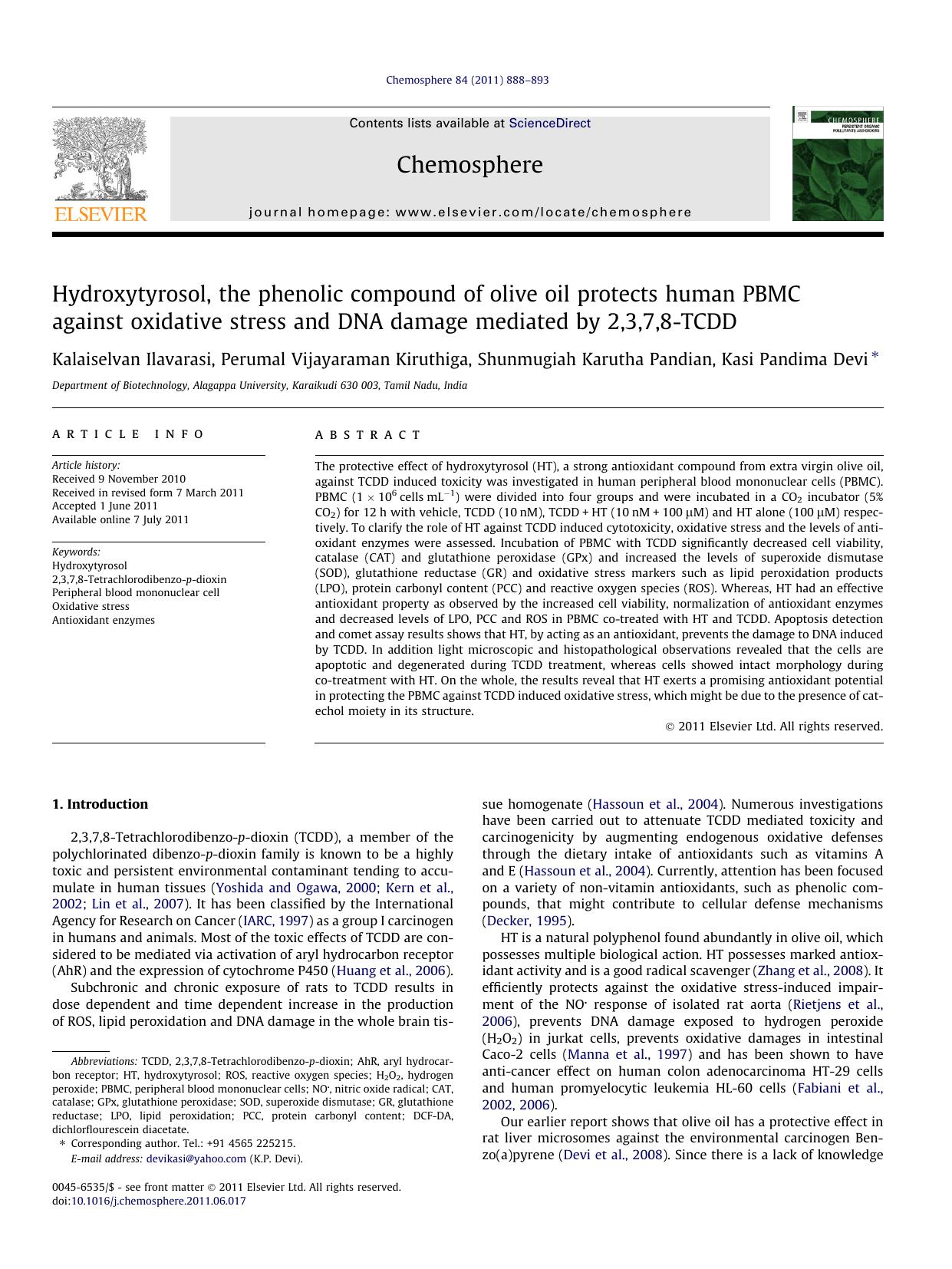 Hydroxytyrosol, the phenolic compound of olive oil protects human PBMC against oxidative stress and DNA damage mediated by 2,3,7,8-TCDD by unknow