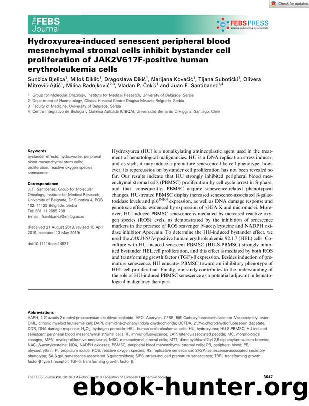 Hydroxyureaâinduced senescent peripheral blood mesenchymal stromal cells inhibit bystander cell proliferation of JAK2V617Fâpositive human erythroleukemia cells by Unknown