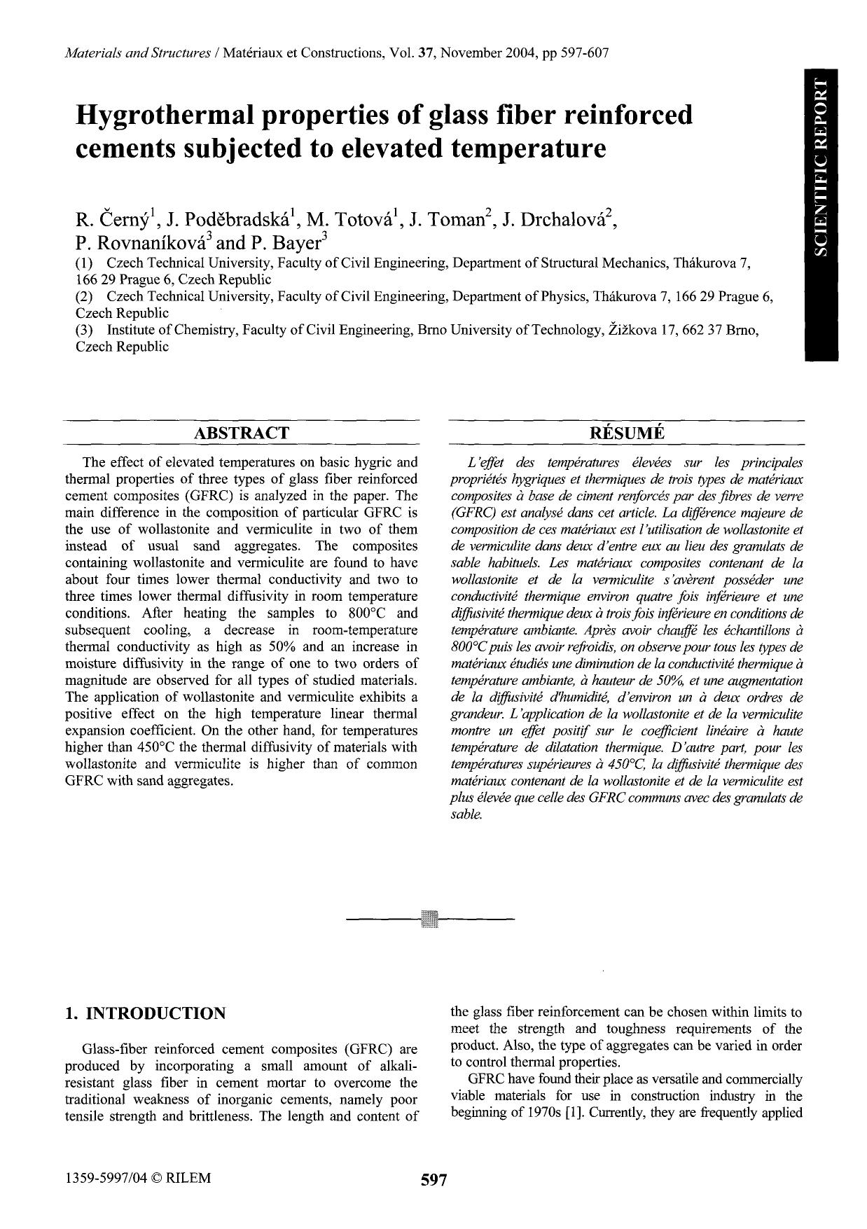 Hygrothermal properties of glass fiber reinforced cements subjected to elevated temperature by Unknown