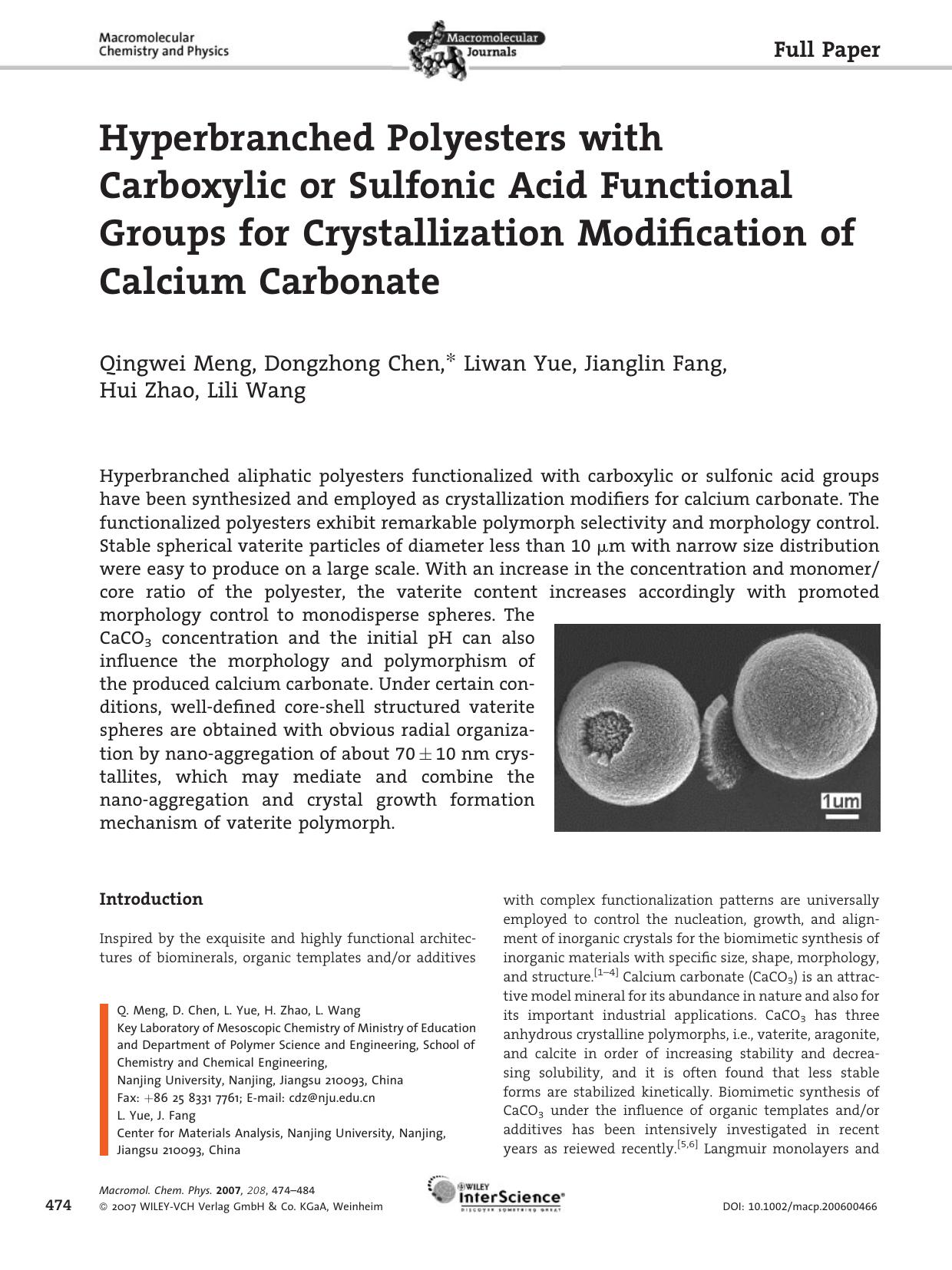 Hyperbranched Polyesters with Carboxylic or Sulfonic Acid Functional Groups for Crystallization Modification of Calcium Carbonate by Unknown
