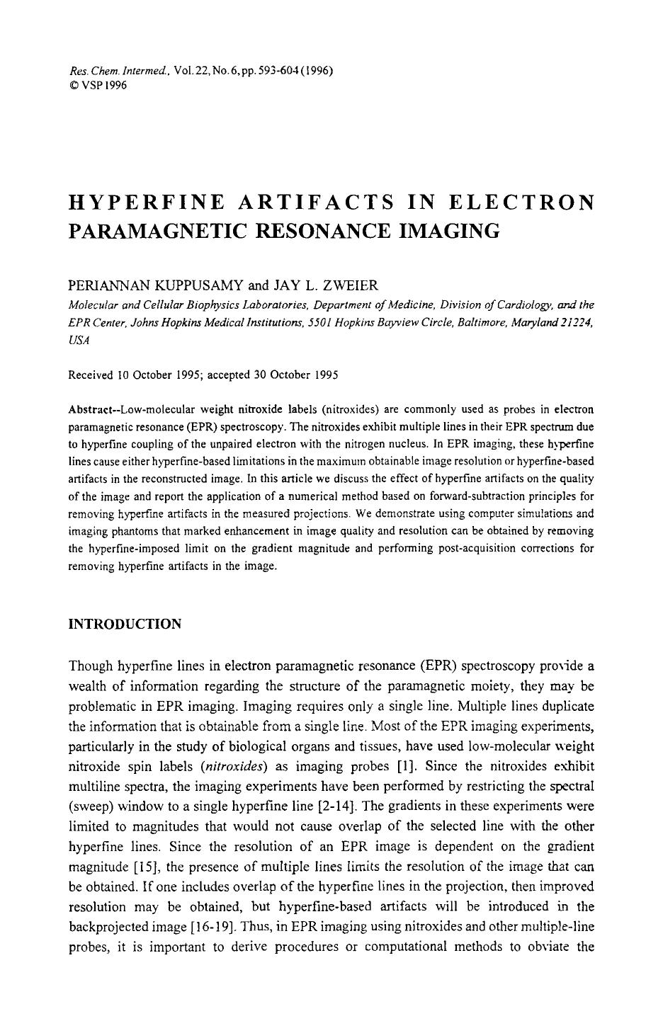 Hyperfine artifacts in electron paramagnetic resonance imaging by Unknown