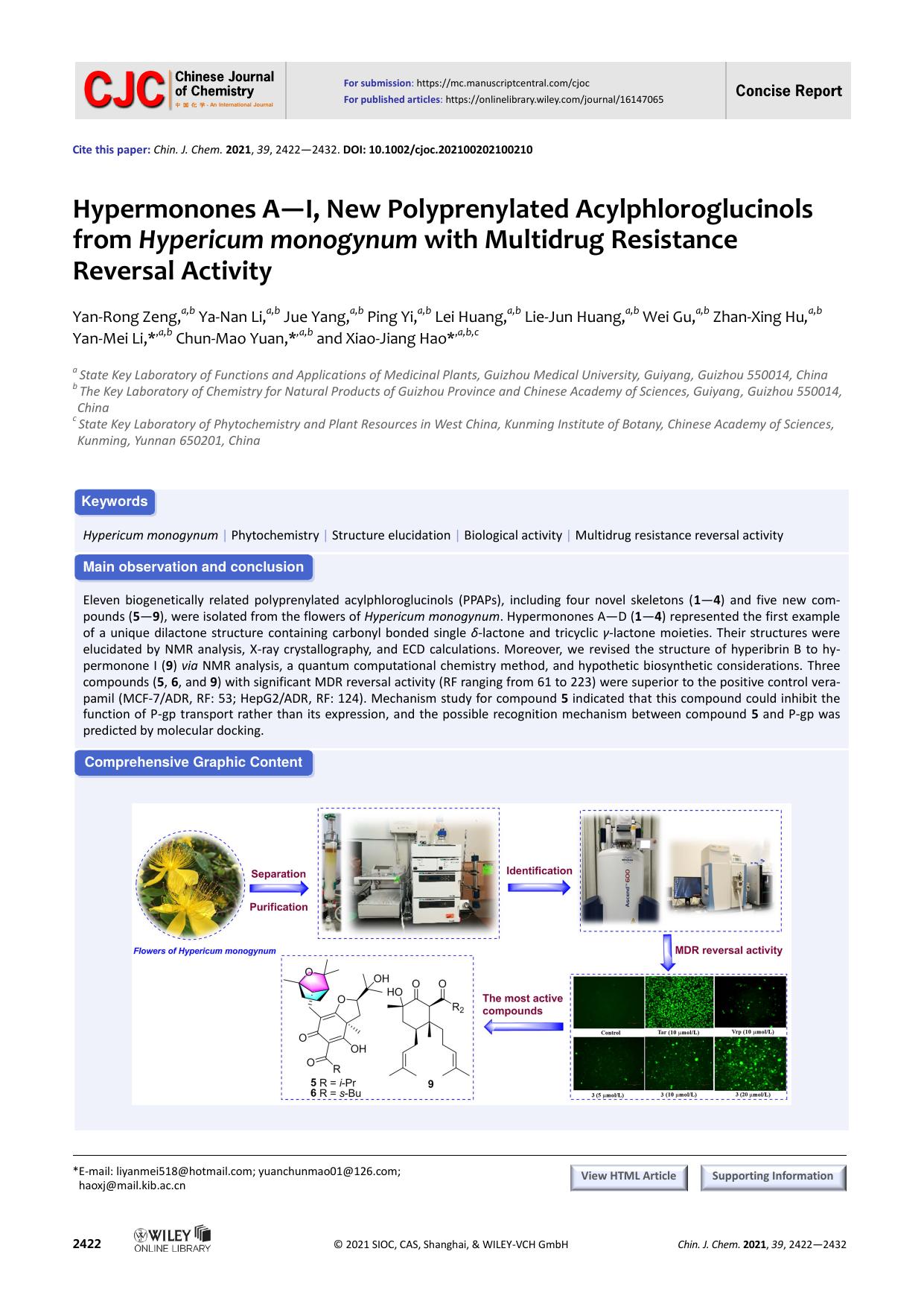 Hypermonones A-I, New Polyprenylated Acylphloroglucinols from Hypericum monogynum with Multidrug Resistance Reversal activity by unknown