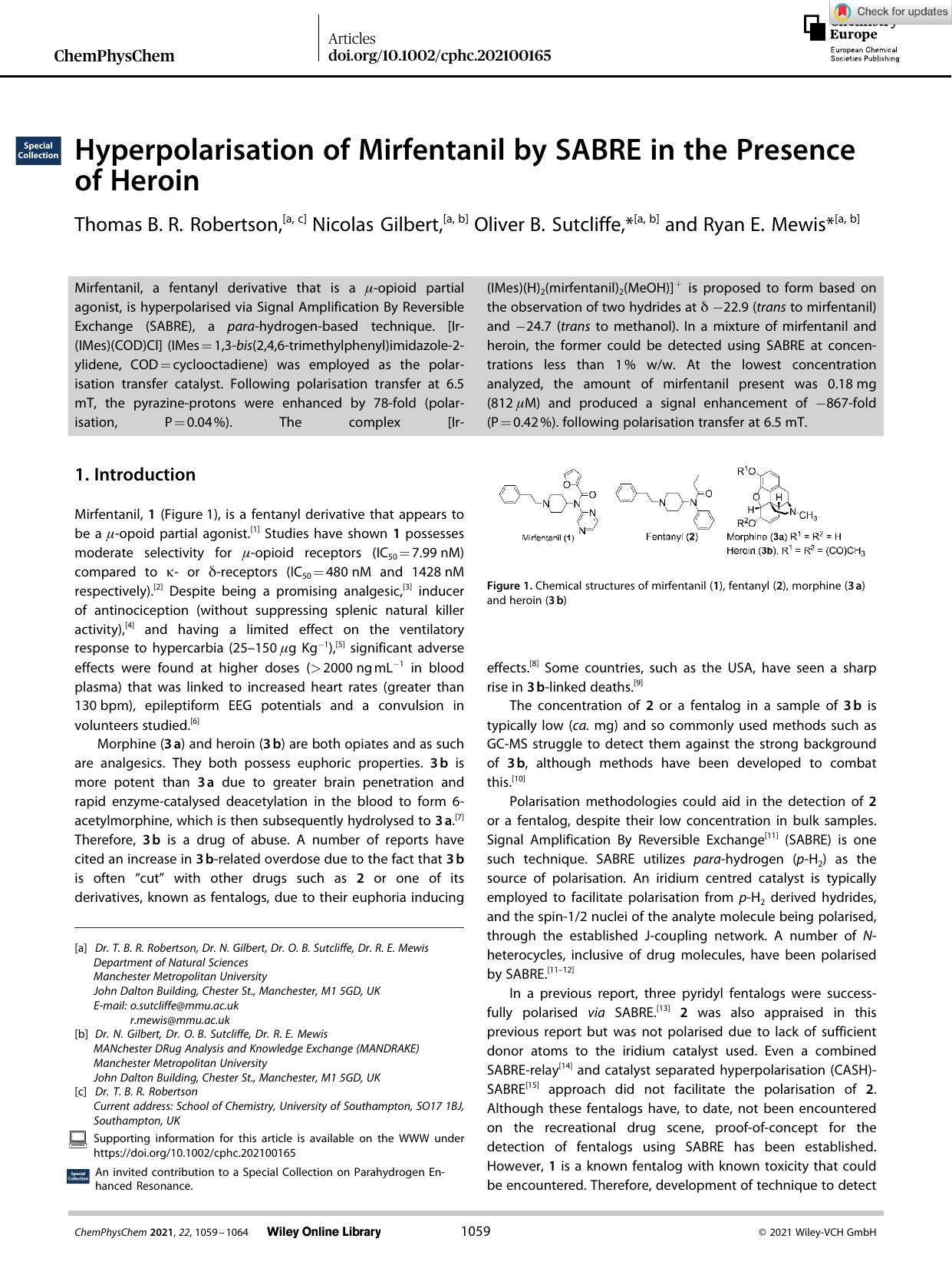 Hyperpolarisation of Mirfentanil by SABRE in the Presence of Heroin by Unknown