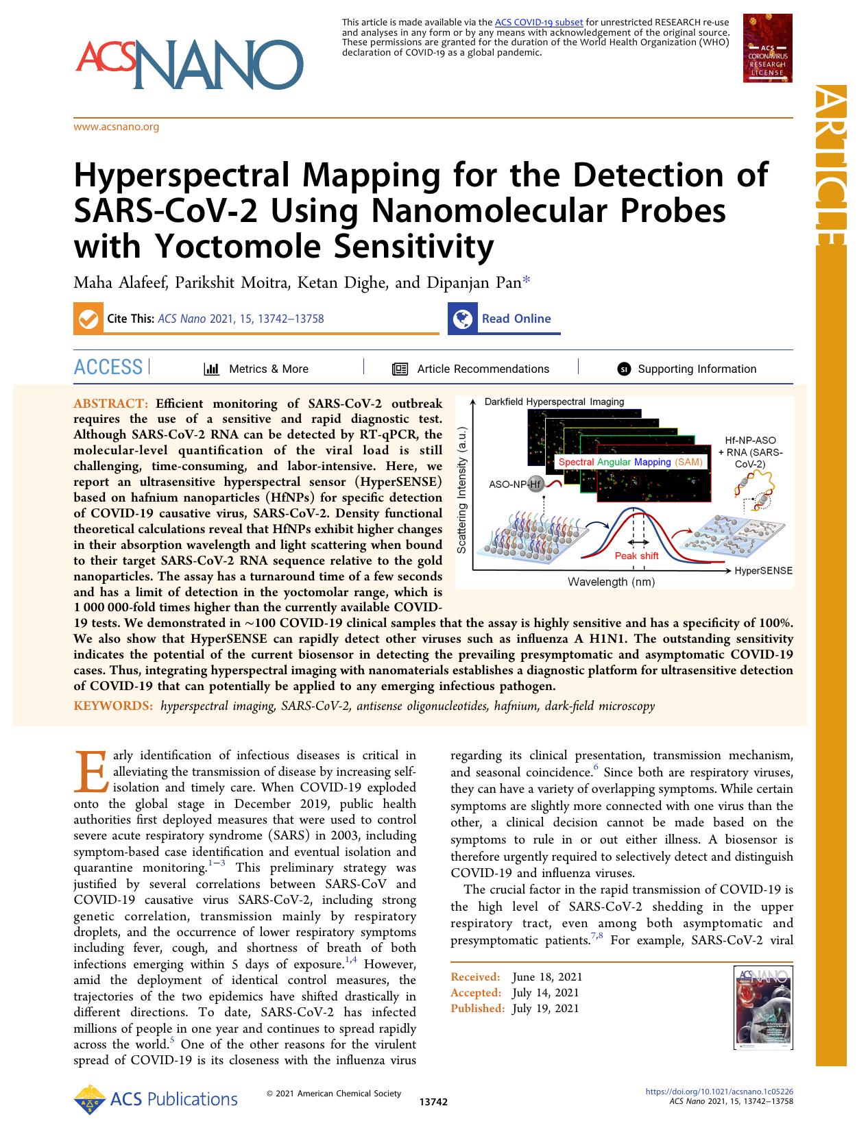 Hyperspectral Mapping for the Detection of SARS-CoV-2 Using Nanomolecular Probes with Yoctomole Sensitivity by Maha Alafeef Parikshit Moitra Ketan Dighe and Dipanjan Pan