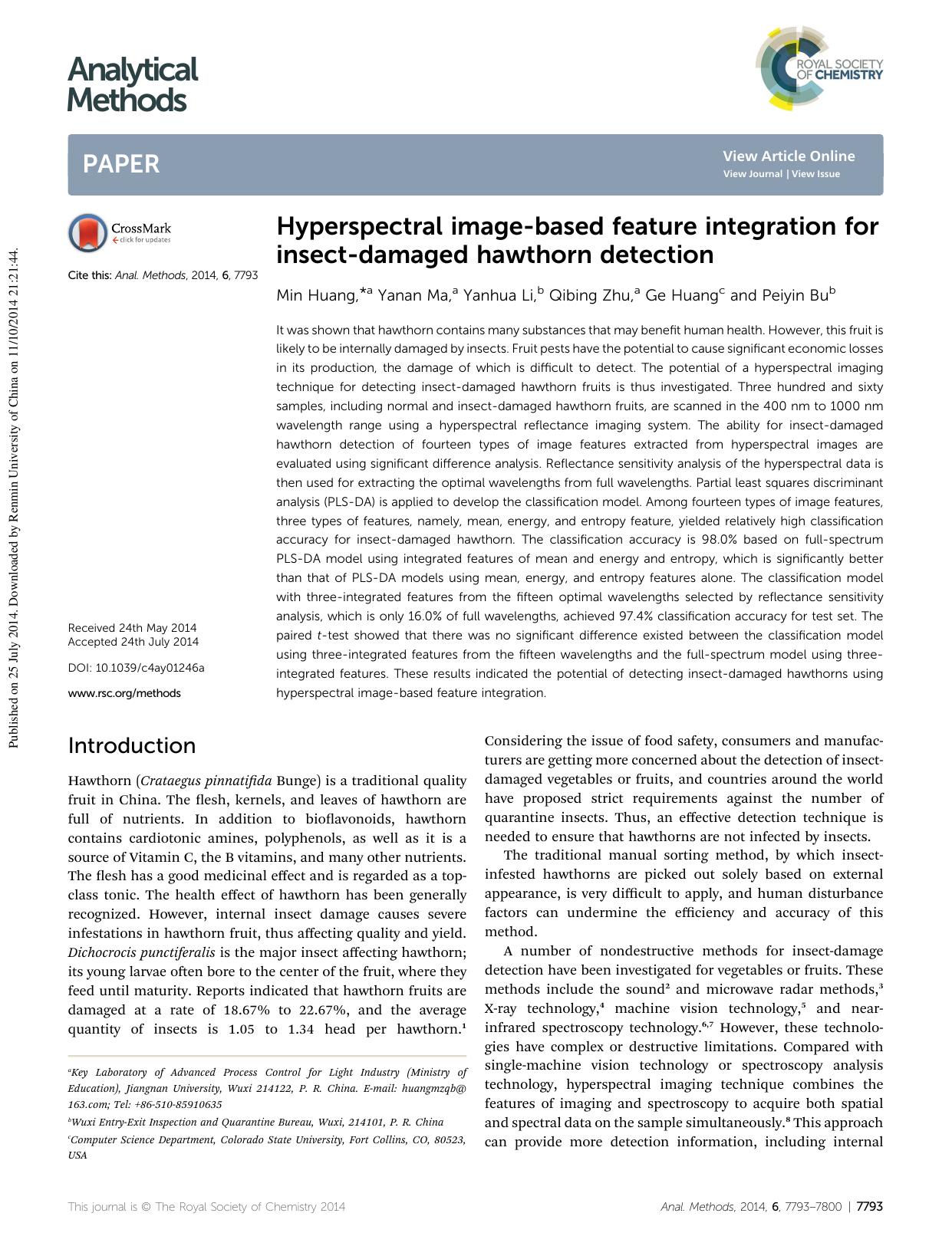Hyperspectral image-based feature integration for insect-damaged hawthorn detection by Min Huang & Yanan Ma & Yanhua Li & Qibing Zhu & Ge Huang & Peiyin Bu