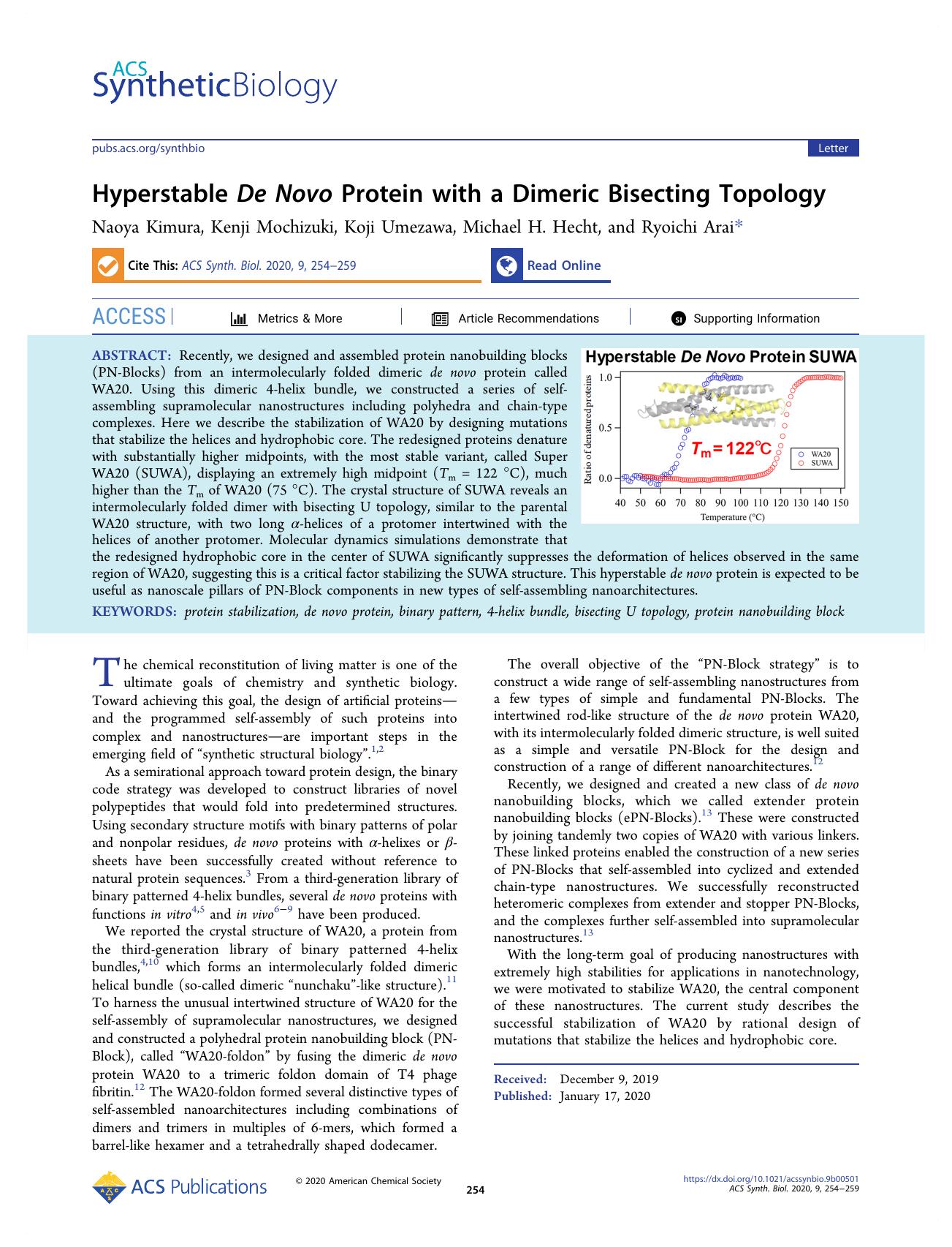 Hyperstable De Novo Protein with a Dimeric Bisecting Topology by Naoya Kimura Kenji Mochizuki Koji Umezawa Michael H. Hecht and Ryoichi Arai