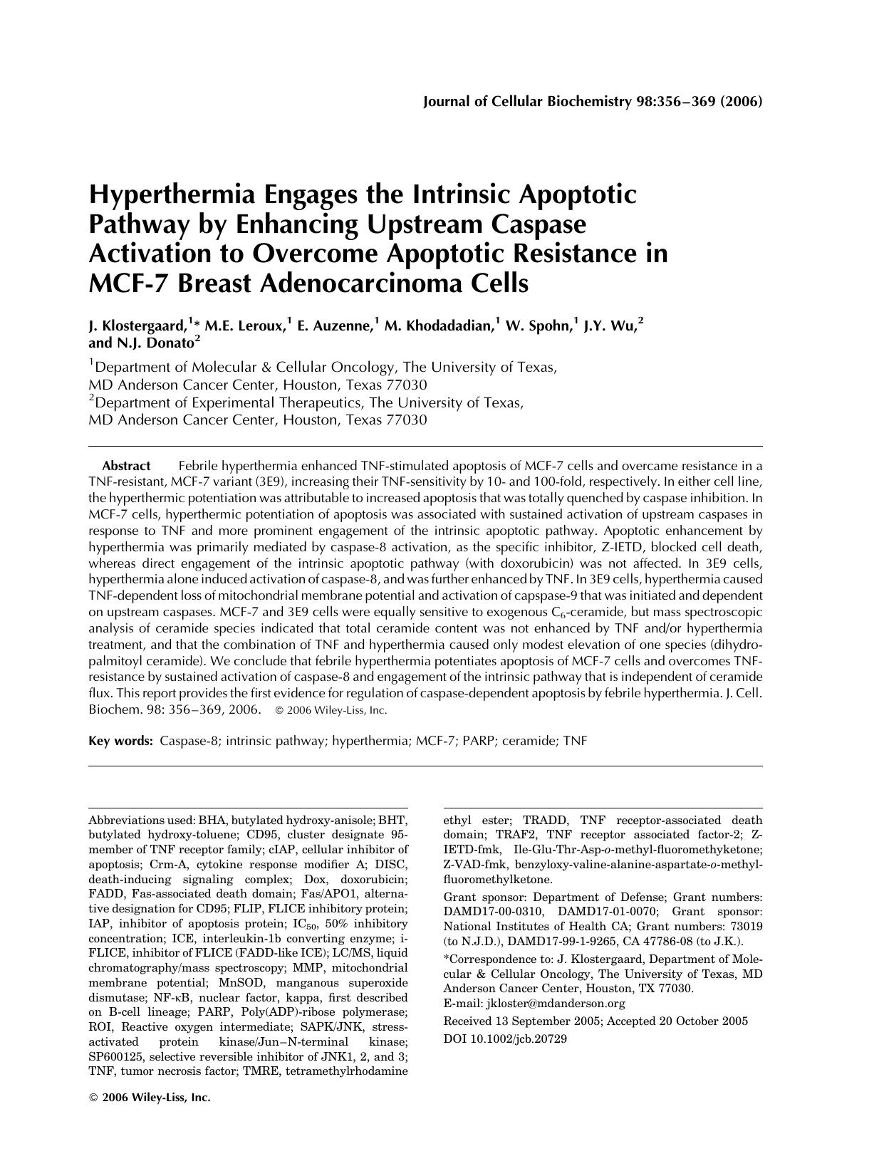 Hyperthermia engages the intrinsic apoptotic pathway by enhancing upstream caspase activation to overcome apoptotic resistance in MCF-7 breast adenocarcinoma cells by Unknown