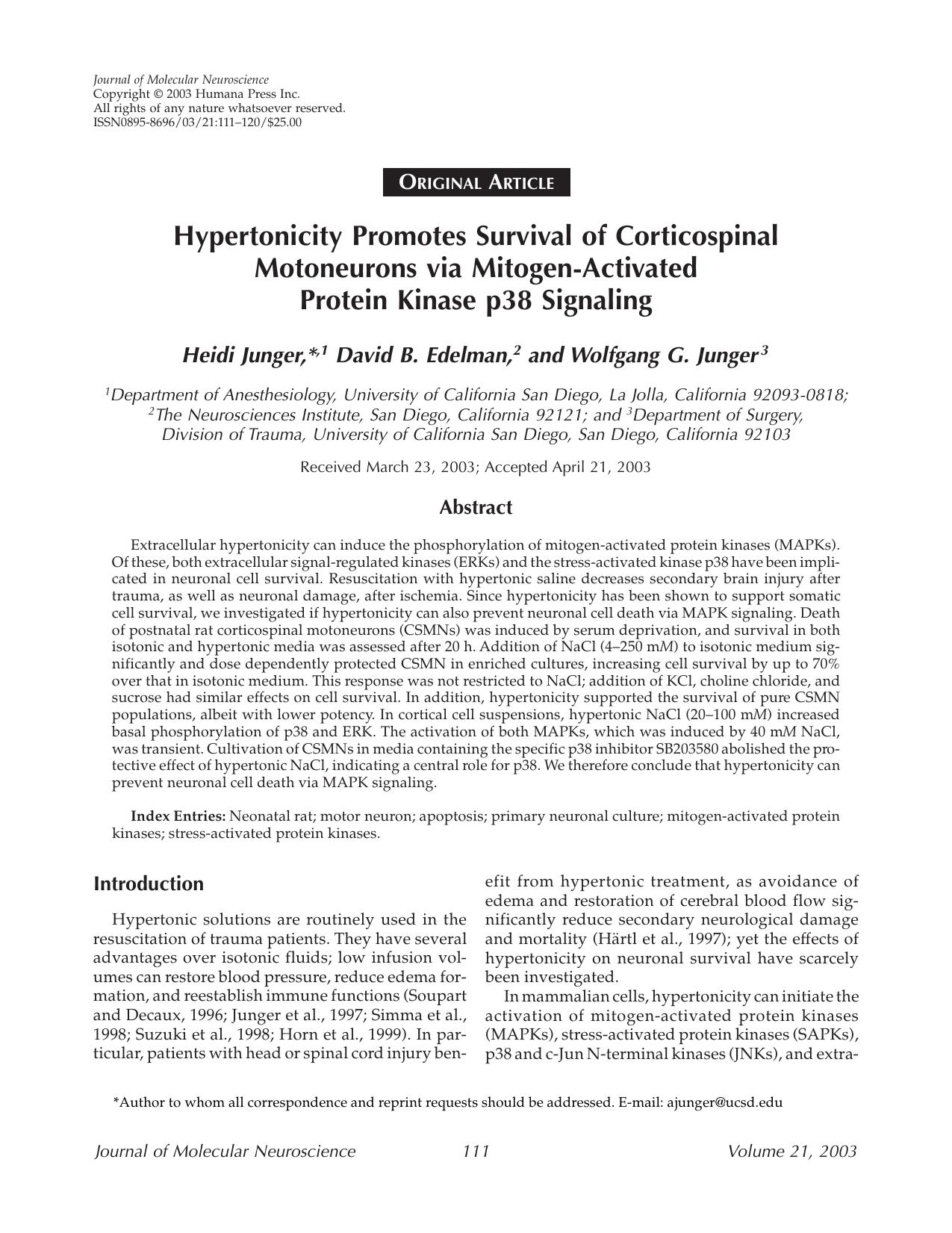 Hypertonicity promotes survival of corticospinal motoneurons via mitogen-activated protein kinase p38 signaling by Unknown