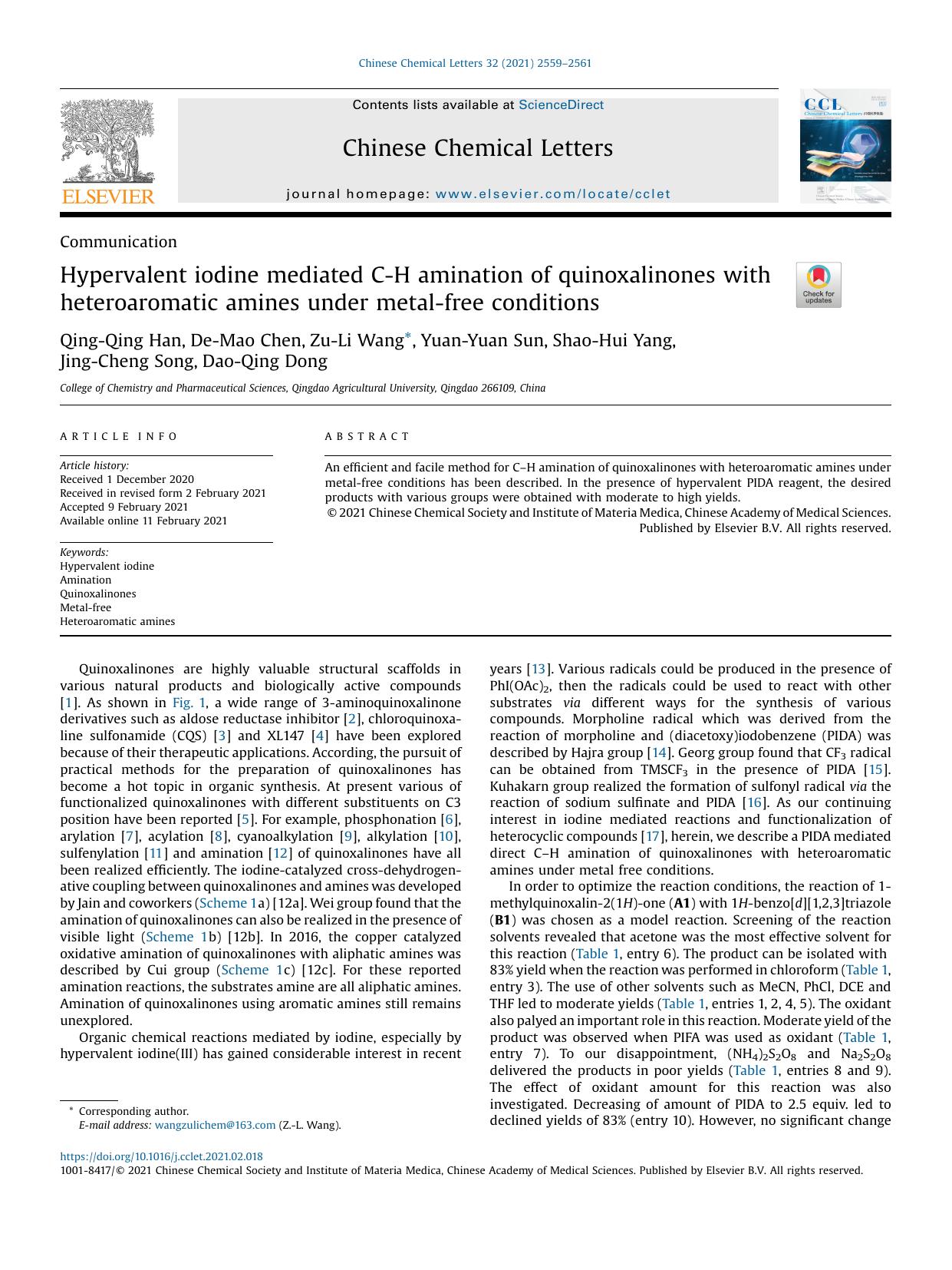 Hypervalent iodine mediated C-H amination of quinoxalinones with heteroaromatic amines under metal-free conditions by unknow