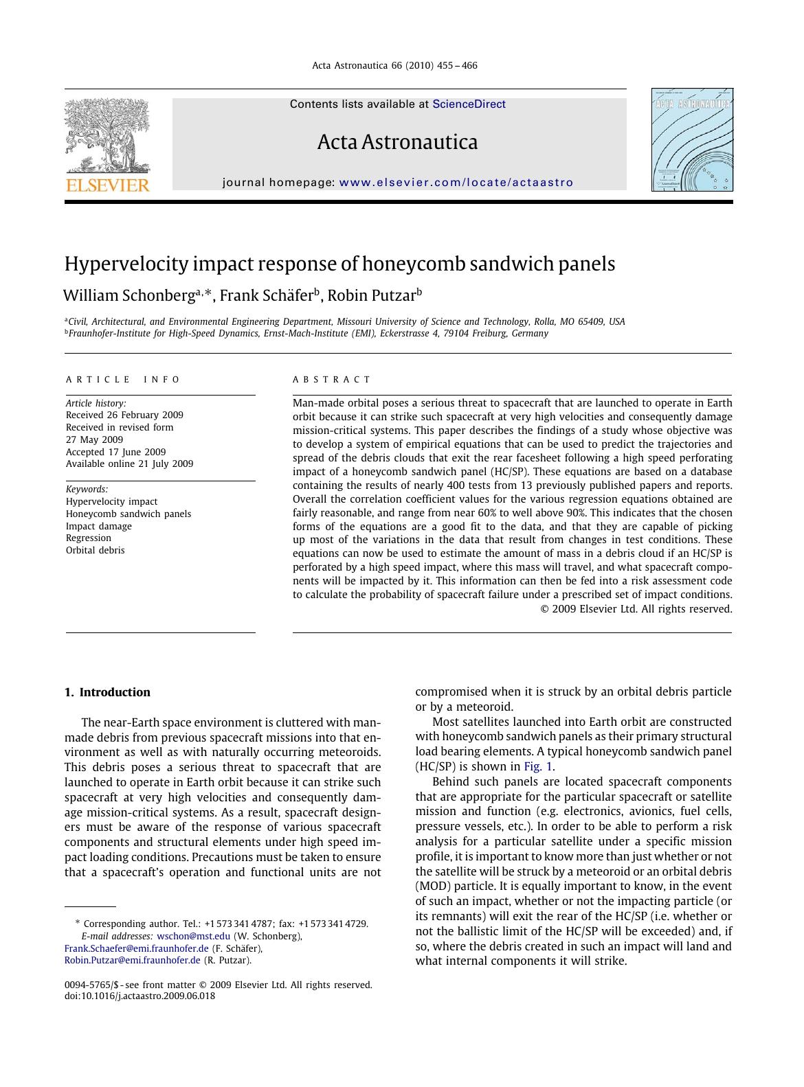 Hypervelocity impact response of honeycomb sandwich panels by William Schonberg; Frank Schäfer; Robin Putzar